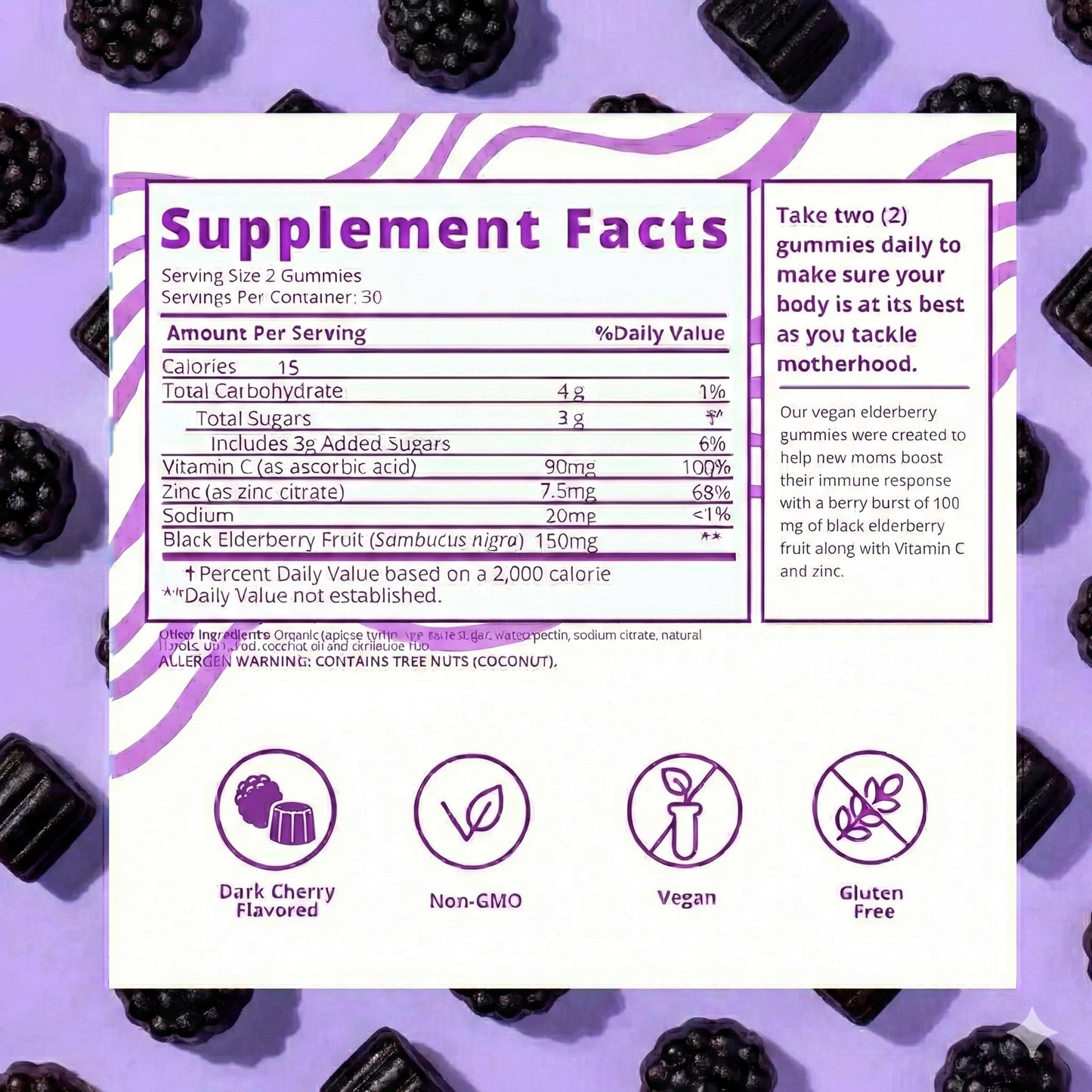 Baby Blues Berry Boost Elderberry Gummies for Women, Postnatal Immune Support with Vitamin C and Zinc, 60 Count