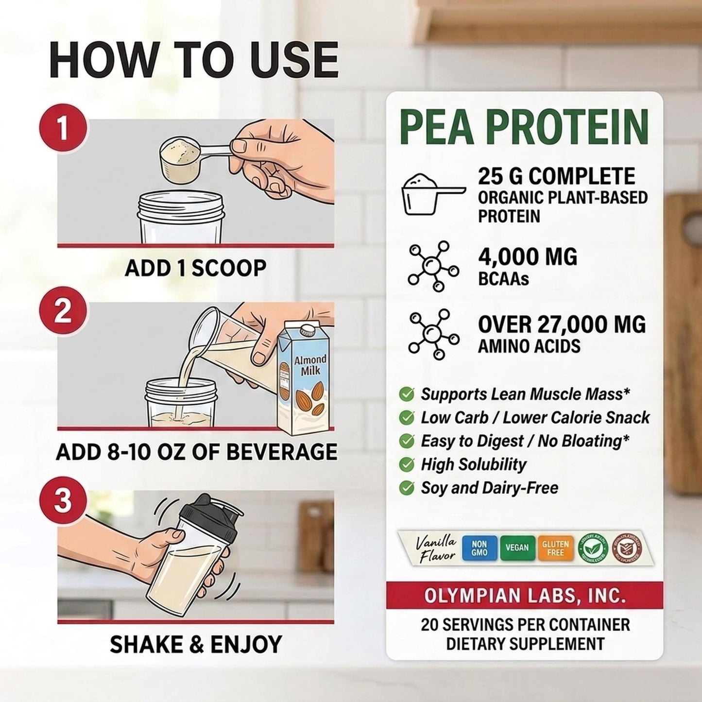 Olympian Labs Plant Based Vanilla Pea Protein Powder, 1.62 lb