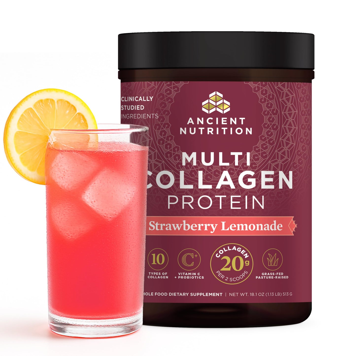 Ancient Nutrition Hydrolyzed Collagen Peptides Powder with Probiotics, Strawberry Lemonade Multi Collagen Protein for Women and Men with Vitamin C, 45 Servings, 18.1