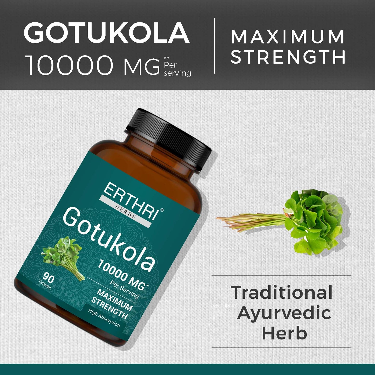 ERTHRI Gotu Kola Tablets 100% Organic 10,000mg, 90 Tablets
