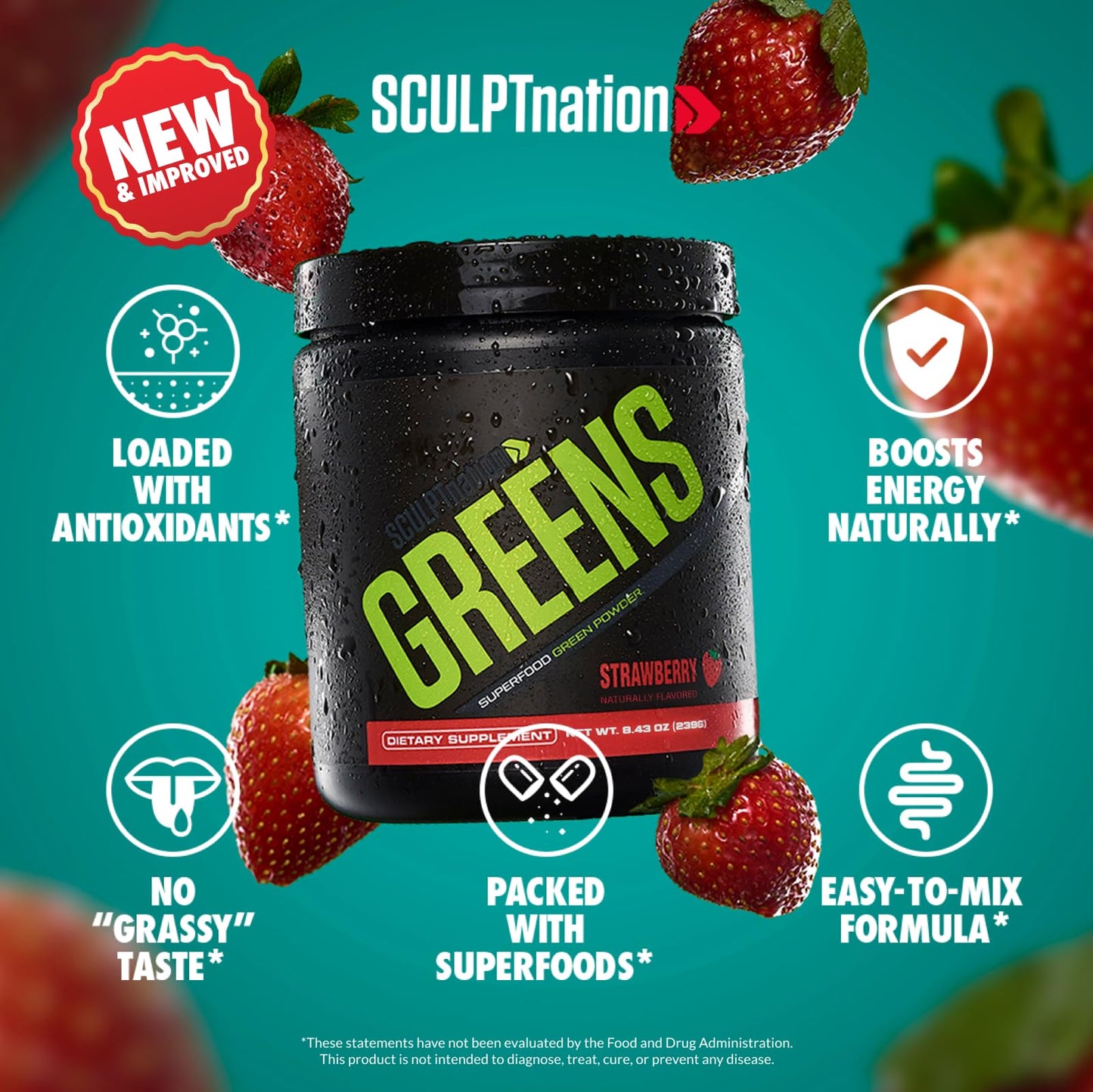 Sculpt Nation Greens Strawberry Powder with Collagen - Premium Greens & Superfood Blend, 8.4305
