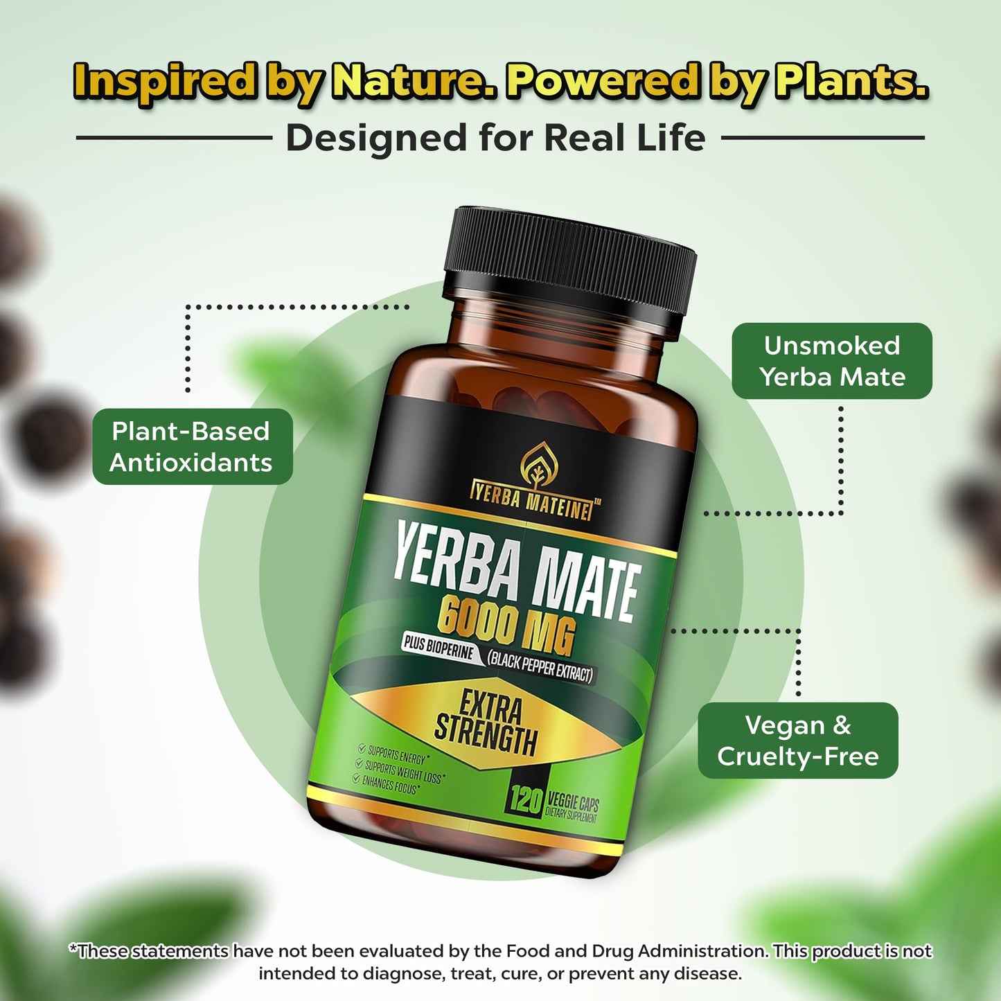 Yerba Mateine Extra Strength Yerba Mate High Potency Capsules, 60mg Caffeine per Capsule, 120 Capsules