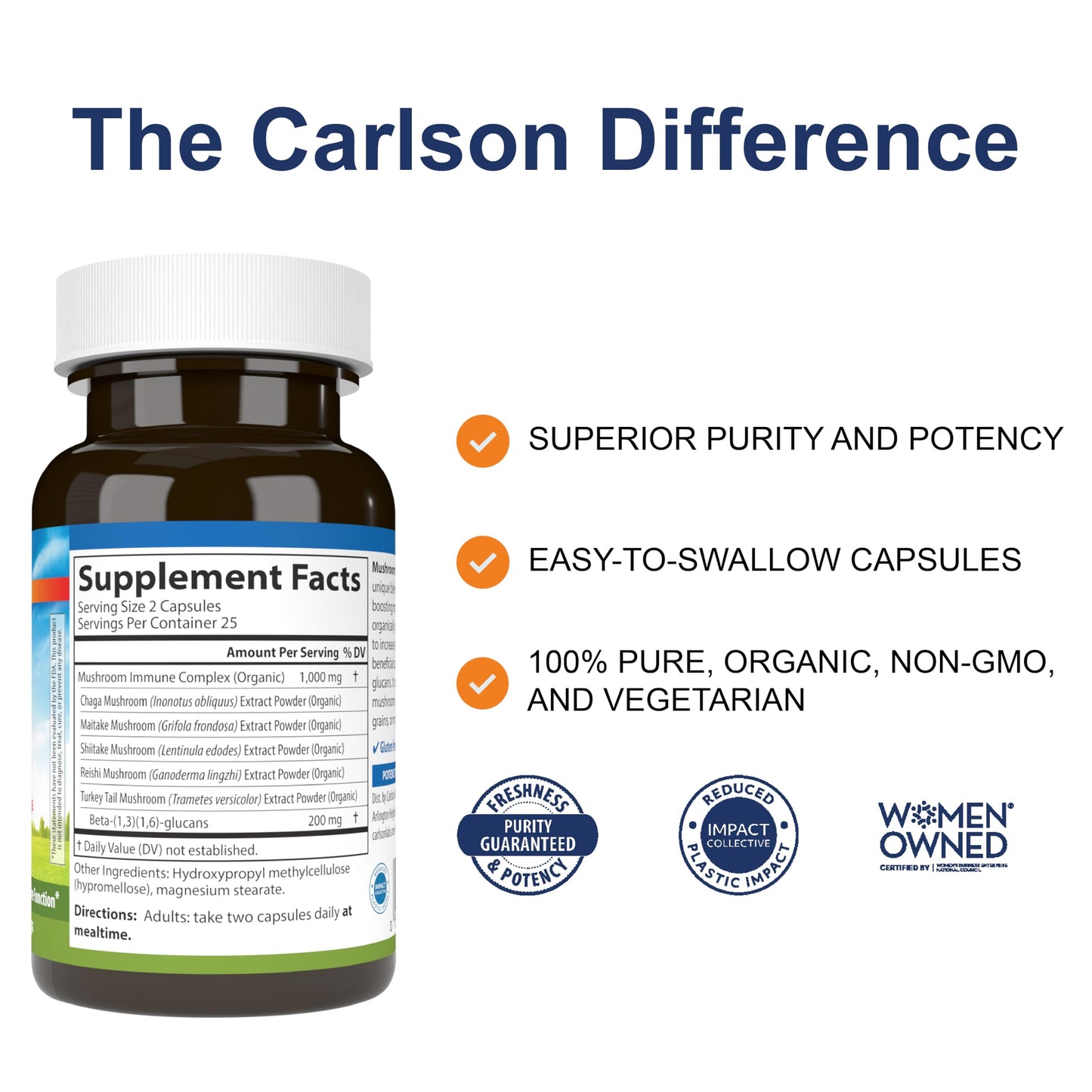 Carlson Mushroom Complex, Organic Blend with Turkey Tail, Reishi, Maitake, Shiitake, Chaga, Non-GMO, 50 Capsules
