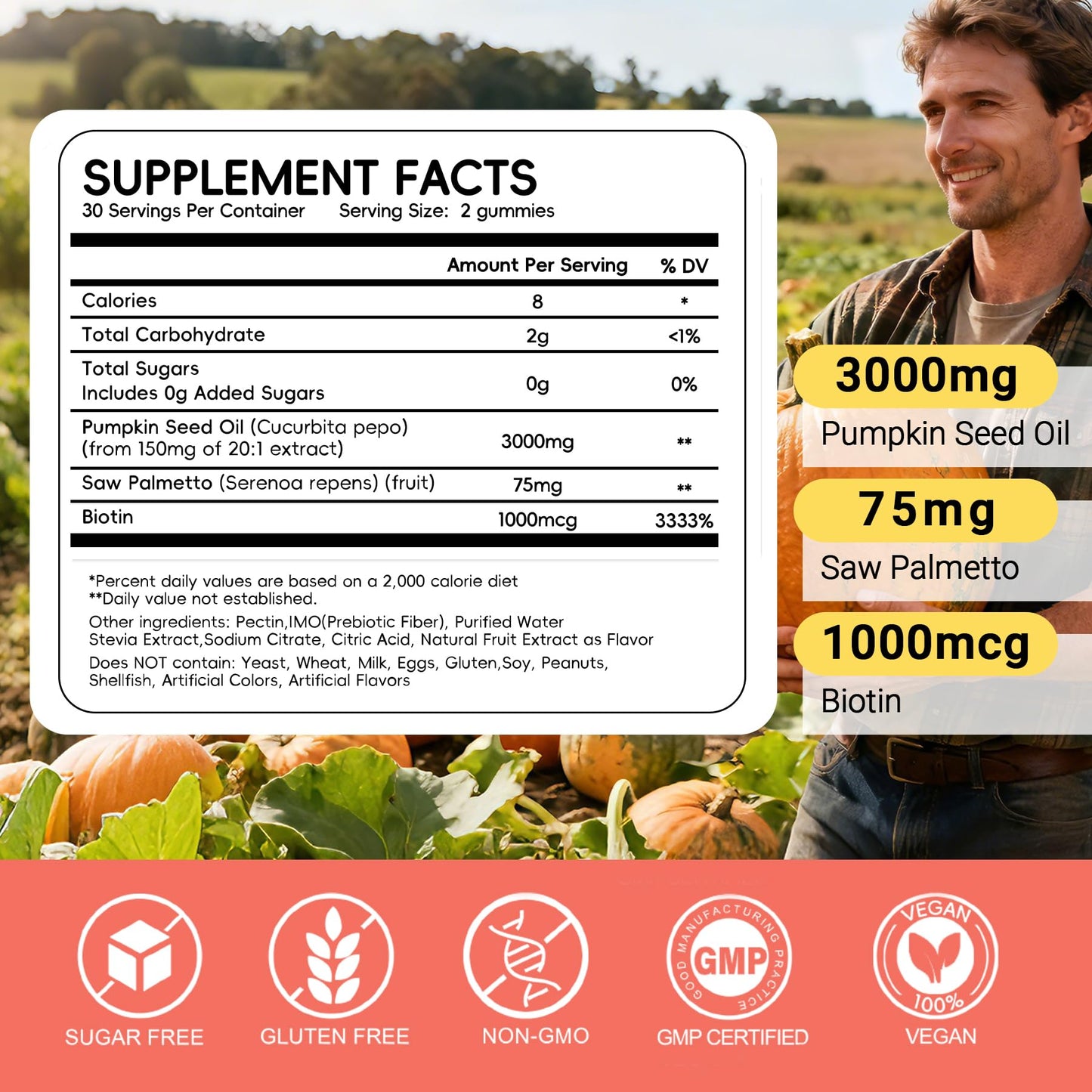 Vigorintha Sugar Free Pumpkin Seed Oil Gummies 3000mg with Saw Palmetto, 60 Count