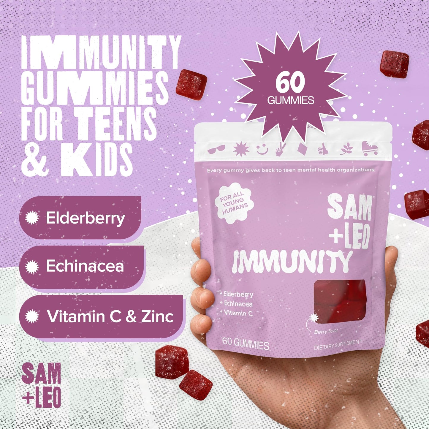 SAM+LEO Immunity Gummies with Elderberry, Echinacea, Zinc & Vitamin C – 60 Count