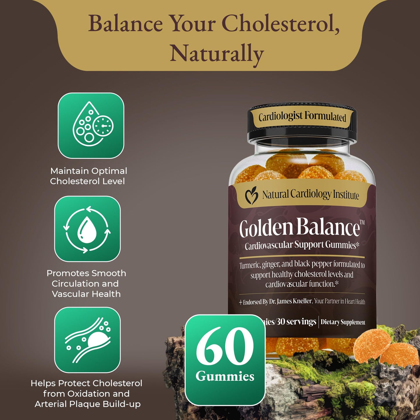 Natural Cardiology Institute Golden Balance Turmeric Ginger Gummies with Black Pepper Extract Gummy, 60 Count