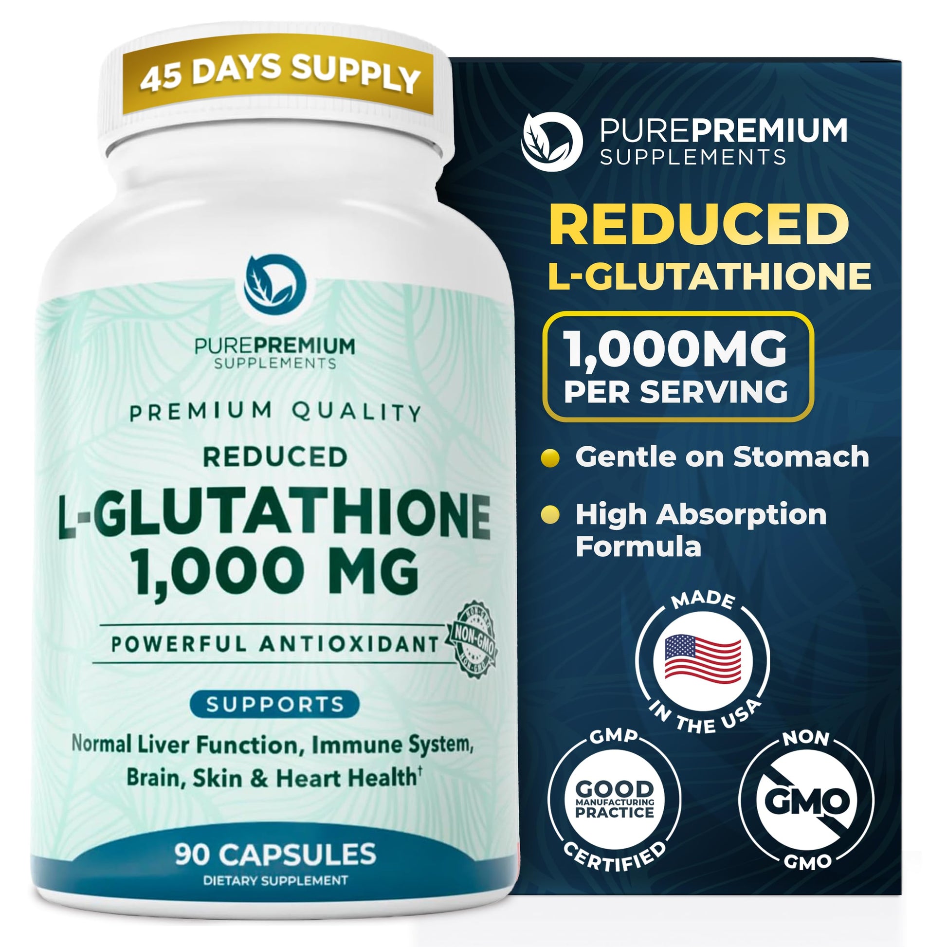 PurePremium Supplements Reduced Glutathione 1000mg, L-Glutathione Supplement 98% Purity Capsule, 90 Count