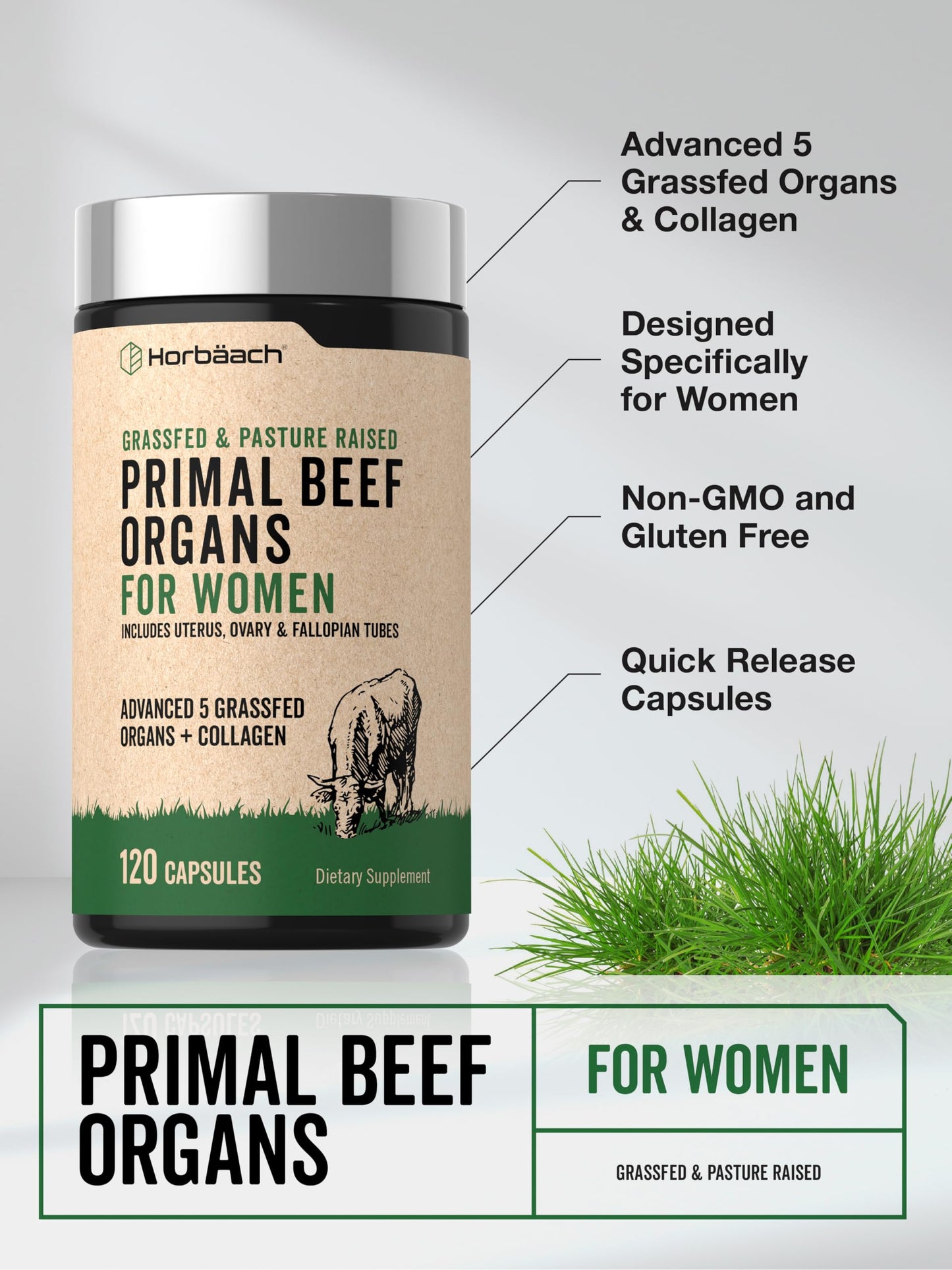 Horbäach Beef Organ Supplement for Women Capsules, 120 Count