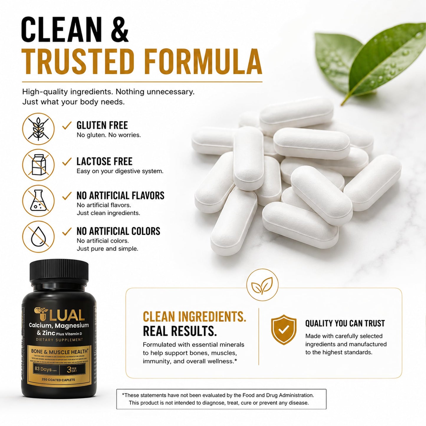 LUAL Calcium Magnesium Zinc with Vitamin D3 Caplets 250 Count