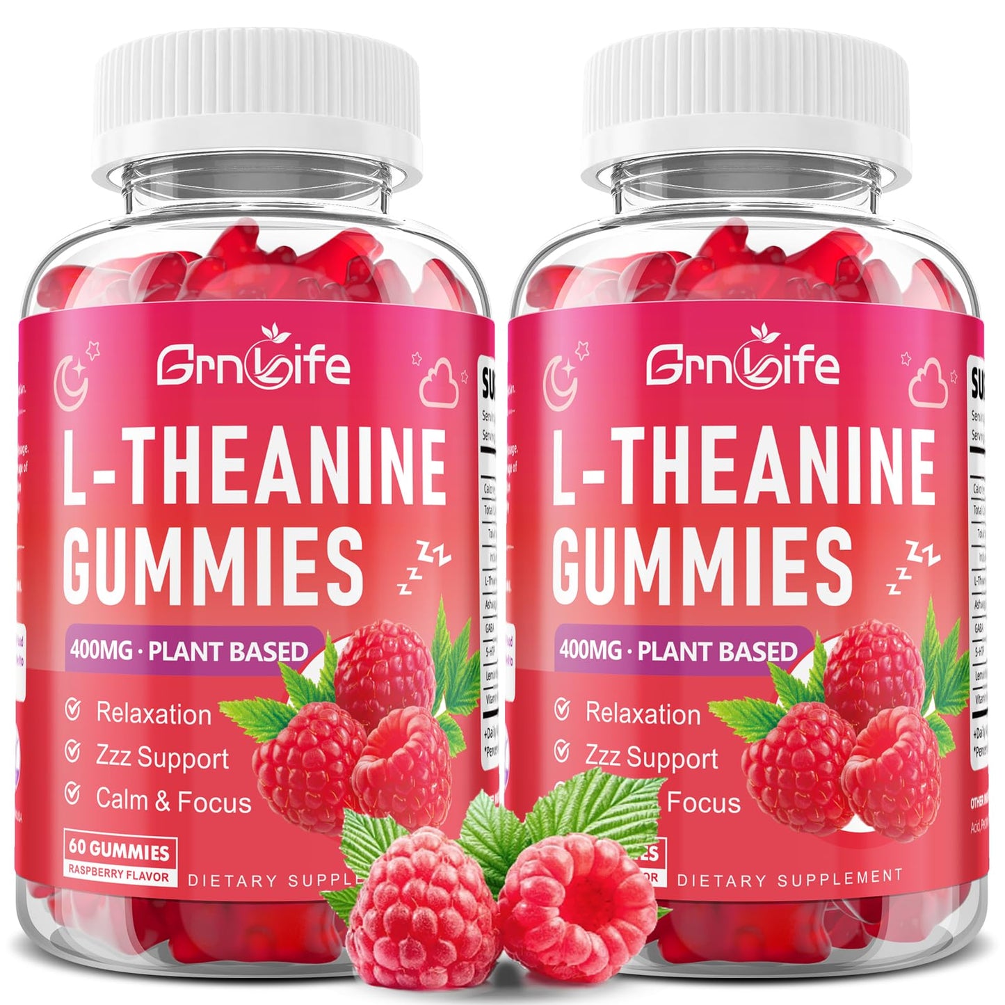 GrnLife L-Theanine Gummies, 400mg L-Theanine with Ashwagandha, GABA, 5-HTP, Raspberry Flavor, 120 Count