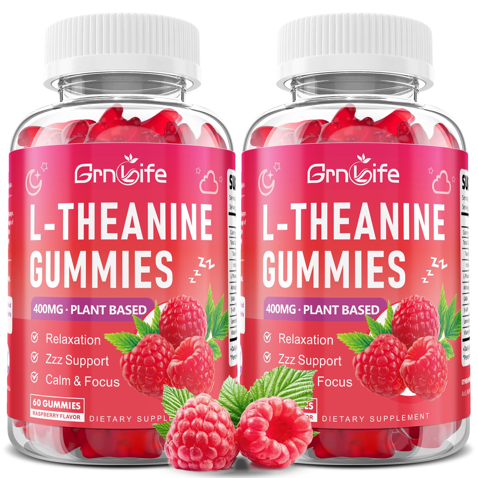 GrnLife L-Theanine Gummies, 400mg L-Theanine with Ashwagandha, GABA, 5-HTP, Raspberry Flavor, 120 Count