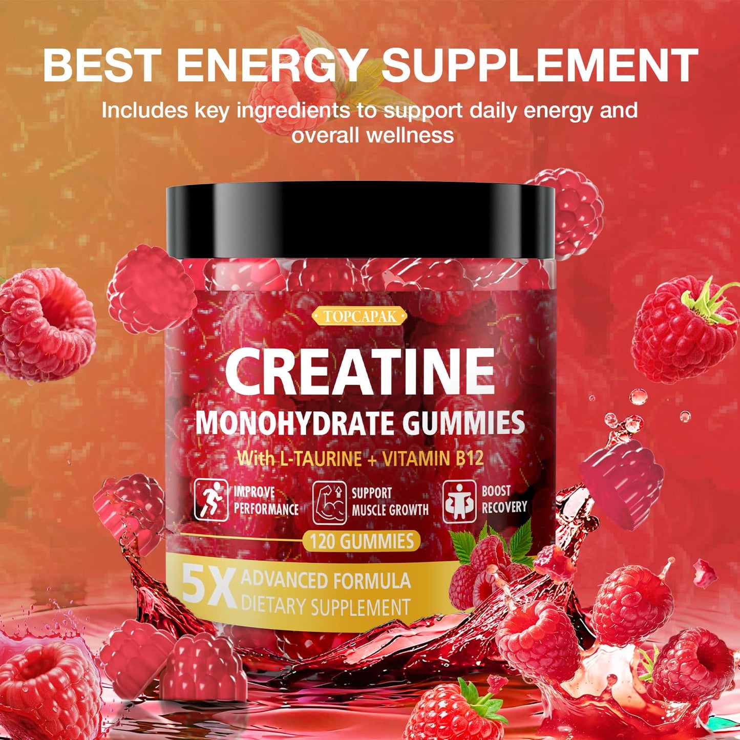 TOPCAPAK Creatine Gummies Raspberry Flavor, 120 Gummies