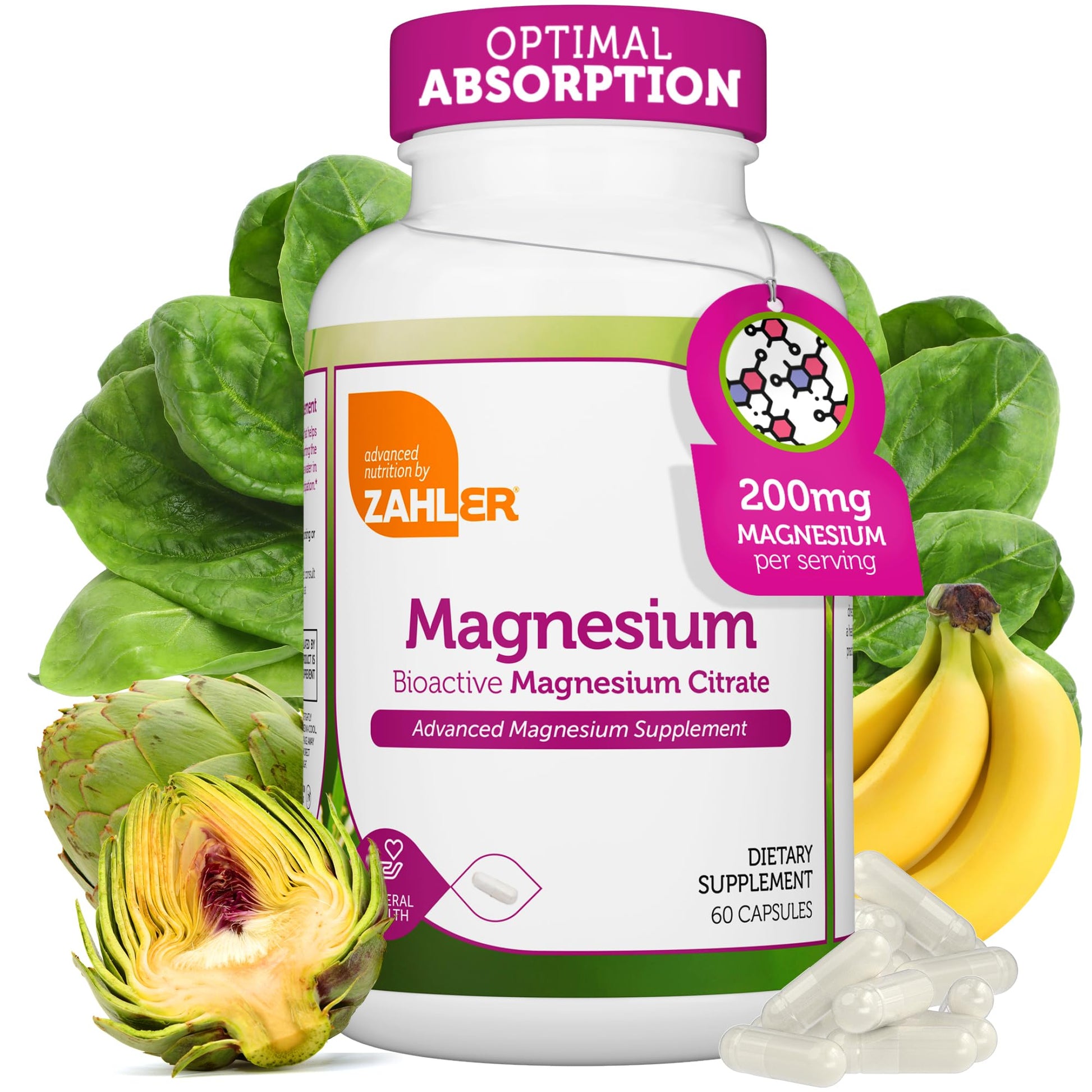 Zahler Magnesium Capsules 200 mg Bioactive Magnesium Citrate, Certified Kosher, 60 Capsules