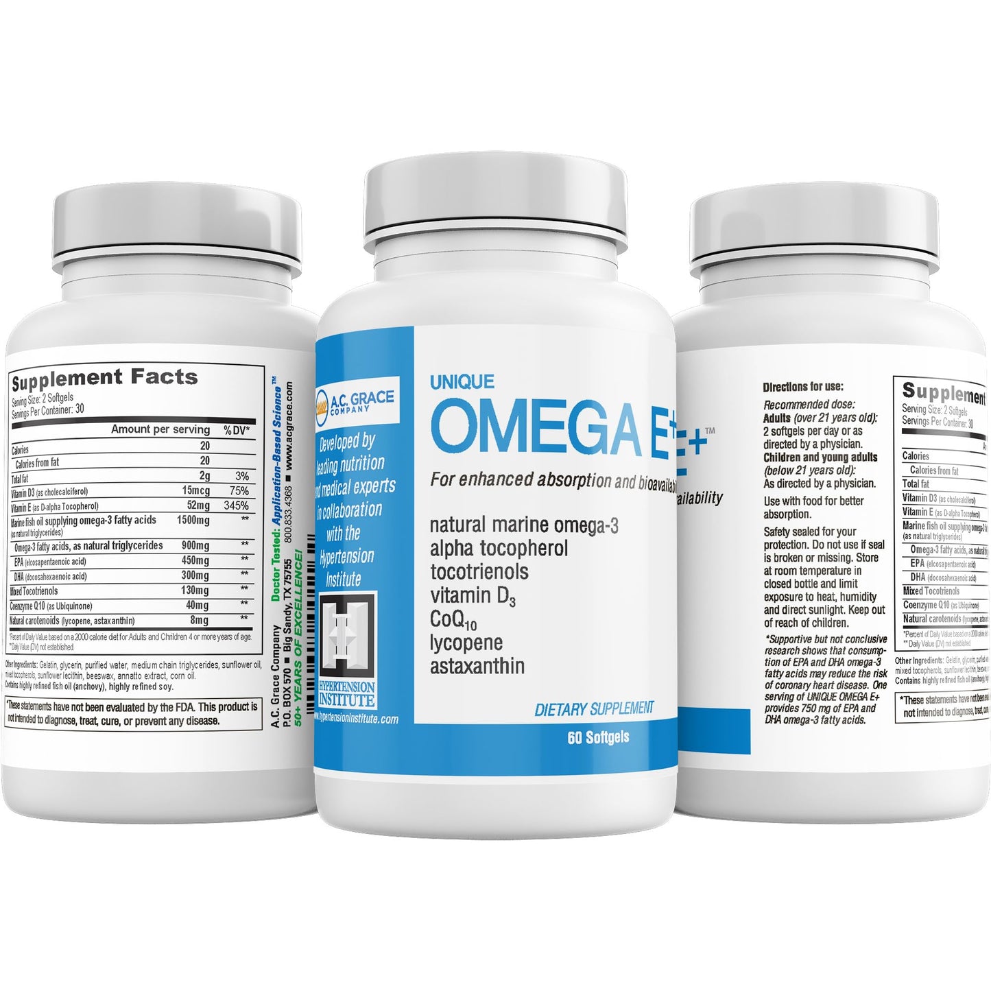 UNIQUE E Omega E+ Fish Oil Supplement with Marine Omega-3 Fatty Acids, Vitamin E, Vitamin D3, and CoQ10 Softgels 60
