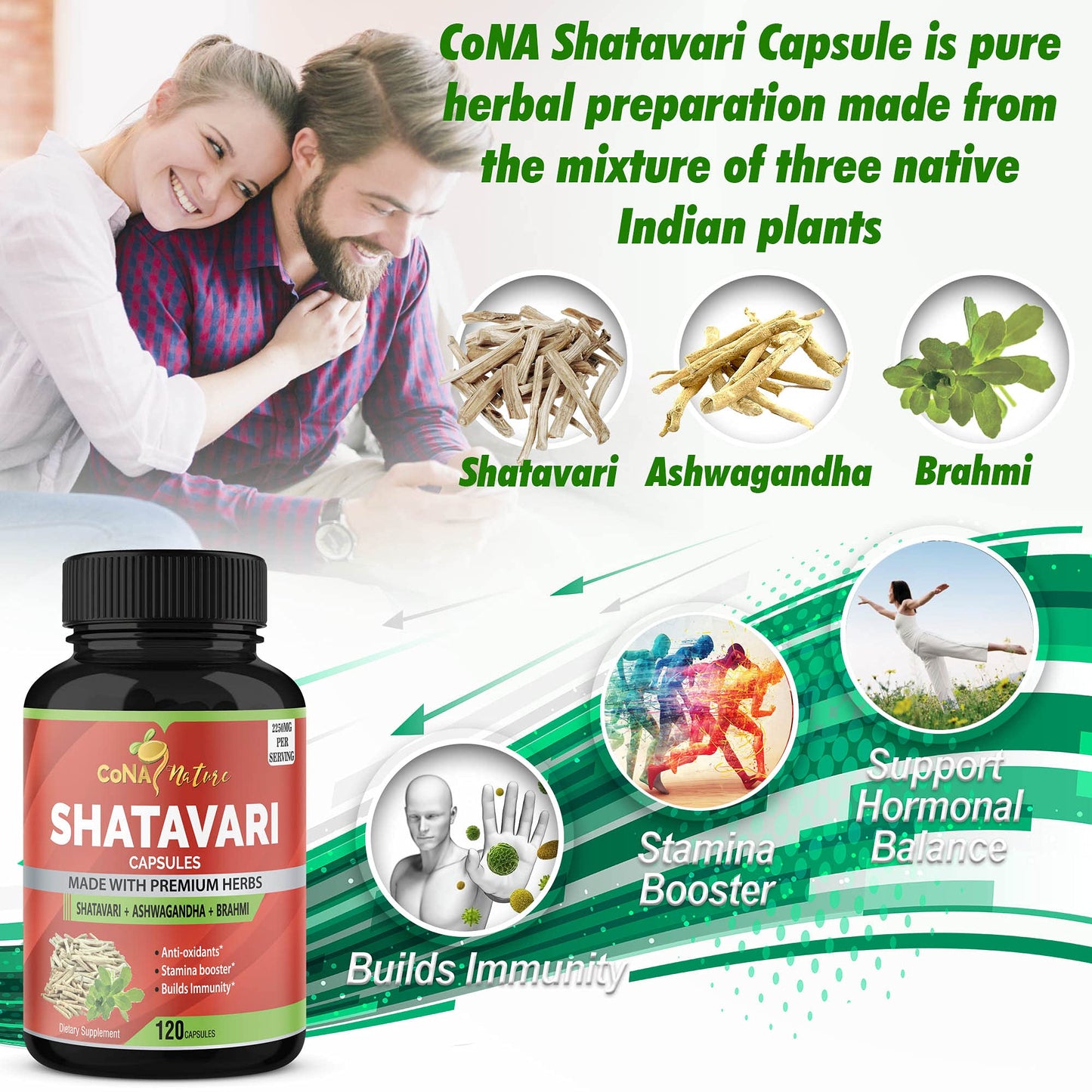 Cona Nature Organic Shatavari Powder Capsules 2250mg with Ashwagandha, Brahmi Extract, 120 Capsules