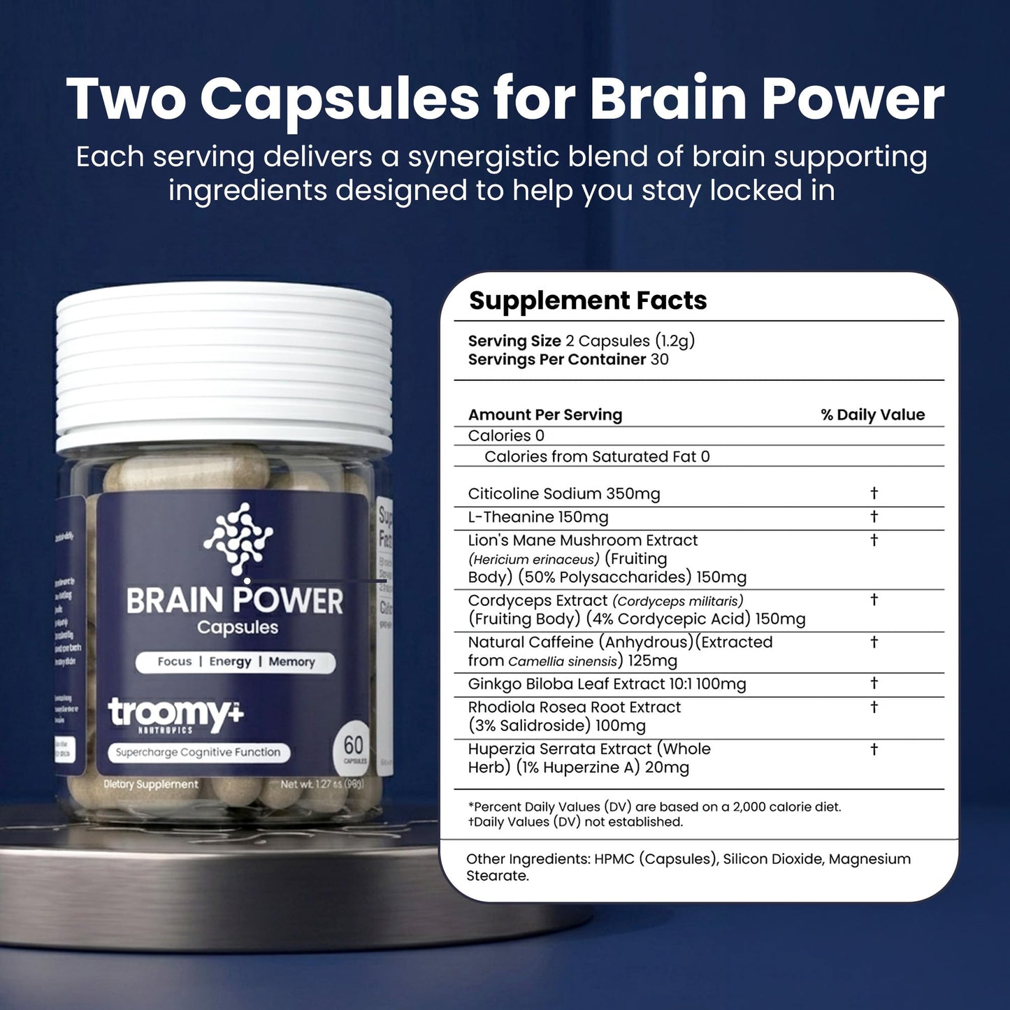 Troomy Nootropics Troomy Brain Supplements for Memory and Focus, Daily Wellness Supplement with Citicoline, Lion's Mane, and Cordyceps - Plant-Based Formula for Routine Support, Everyday Balance Capsules, 60 Count