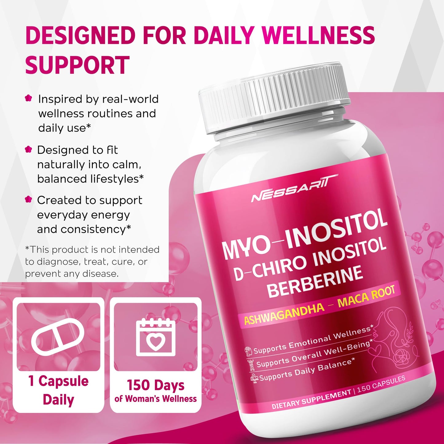 NESSARIT Myo-Inositol, D-Chiro Inositol, Berberine, Ashwagandha & Maca Capsules 150