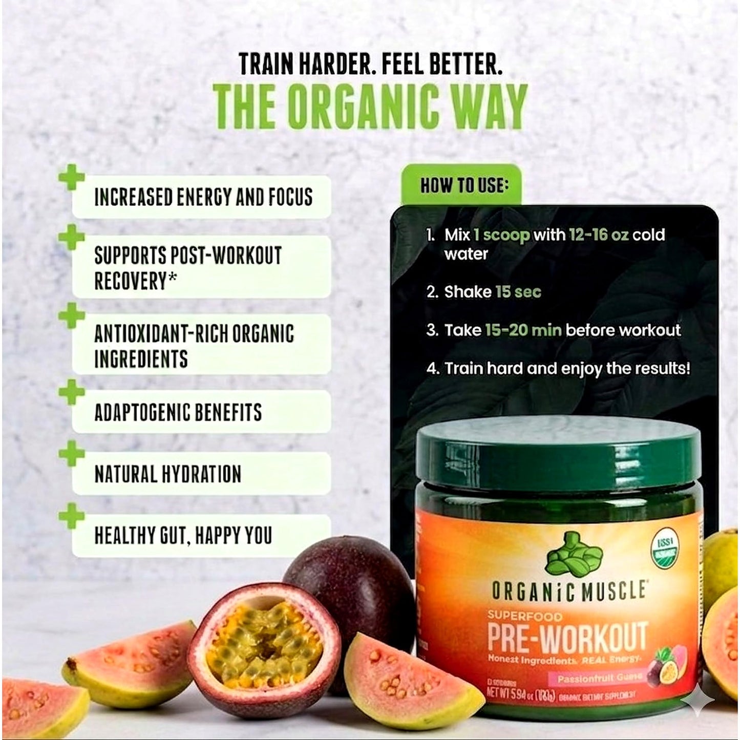 Organic Muscle Pre Workout Powder Passionfruit Guava 5.64 oz