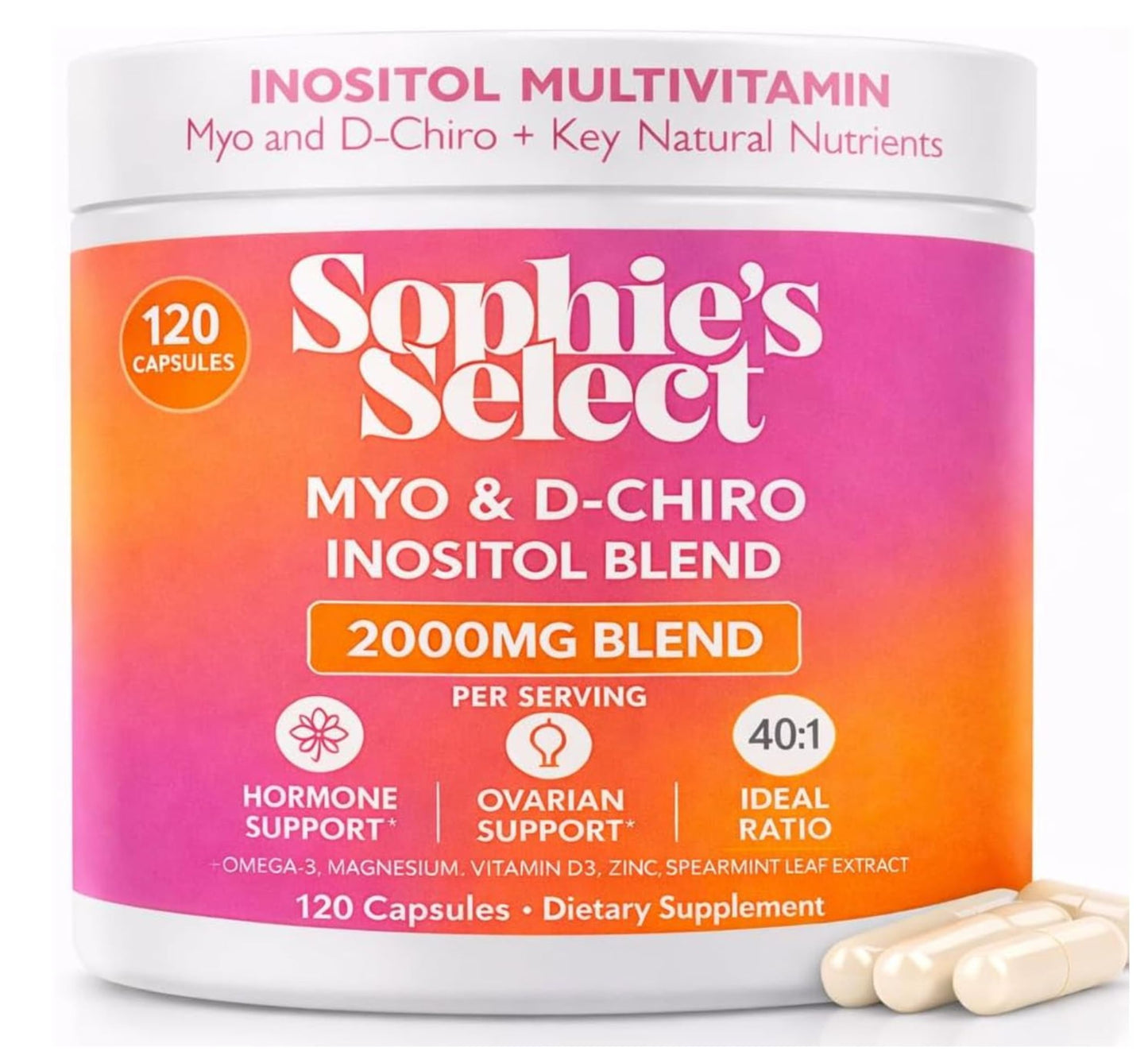 Sophie's Select Myo-Inositol & D-Chiro Inositol 2000 mg per Serving - Inositol Supplement for Women 40:1 Formula with Spearmint, Vitamin D3, Zinc & Magnesium - Hormone Balance, Ovarian Support, 120 Capsules
