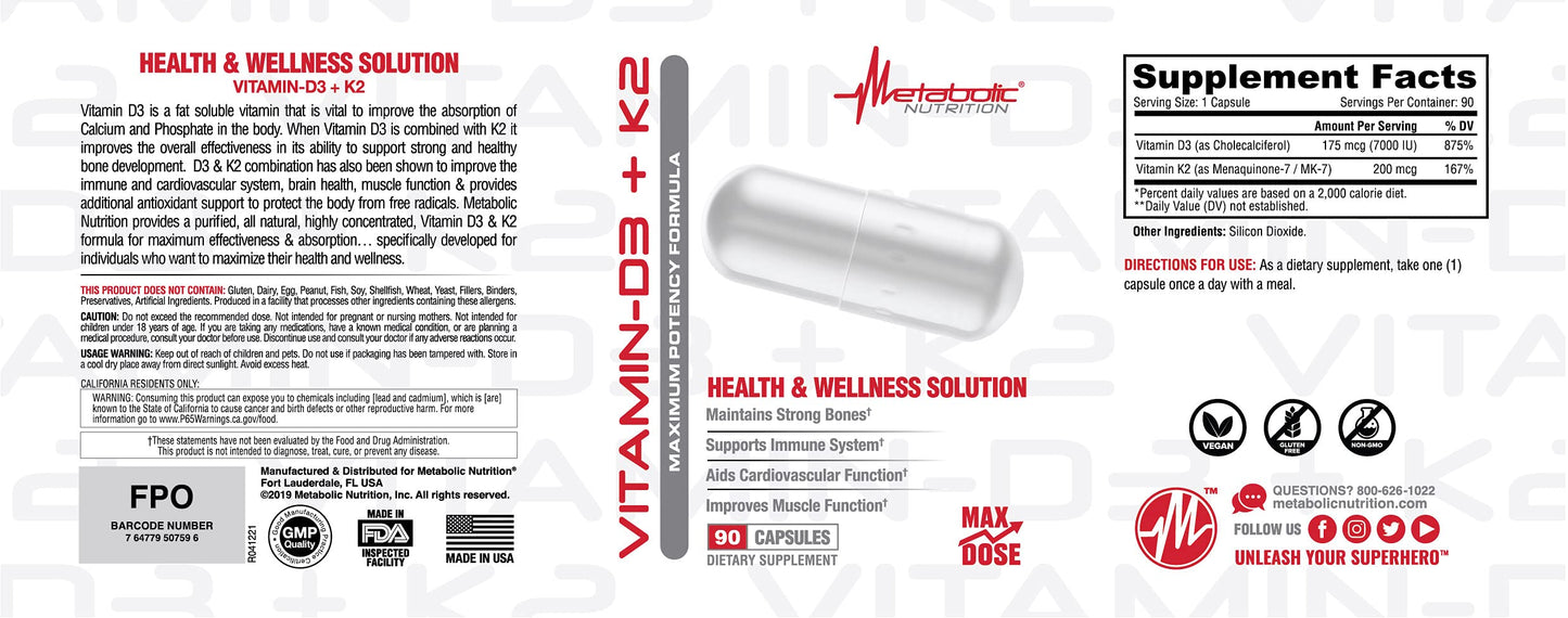 Metabolic Nutrition Vitamin D3 + K2 Bone and Heart Health Formula, Immune Support, 90 Veggie Caps