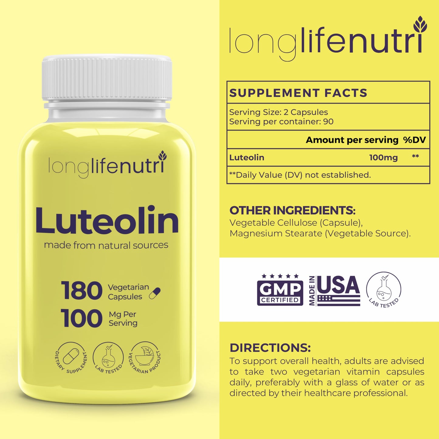LongLifeNutri Luteolin Supplement 100mg Capsules, 180 Count