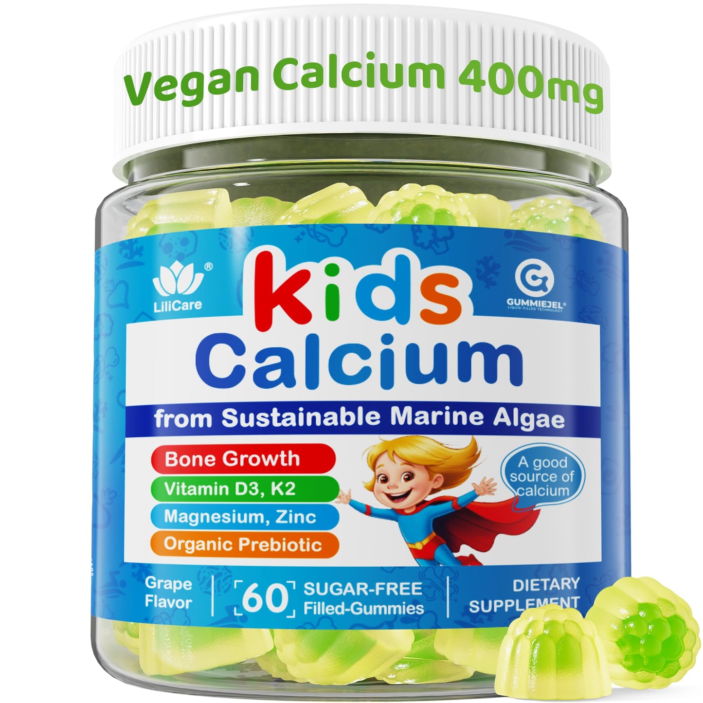 LILICARE Kids Calcium Gummies + Vitamin D3 K2, Magnesium, Zinc, Extra Absorption Algae Calcium Supplement, 60 Gummies