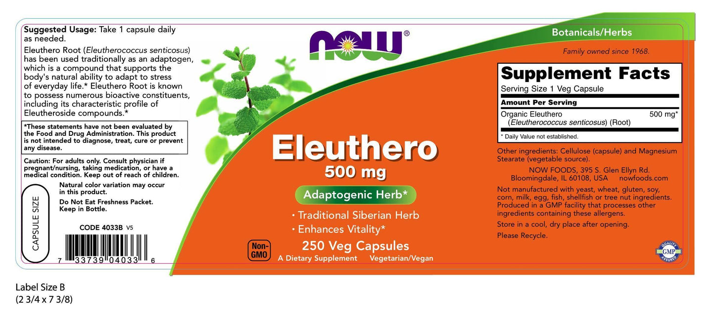 NOW Foods Eleuthero 500mg Capsule, 250 Capsules