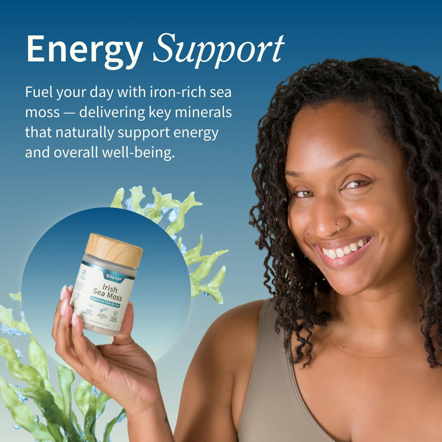 Snap Supplements Irish Sea Moss with Bladderwrack, Burdock Root & Iodine – Natural Sea Moss Supplement to Support Gut Health, Energy & Healthy-Looking Skin, 60 Capsules