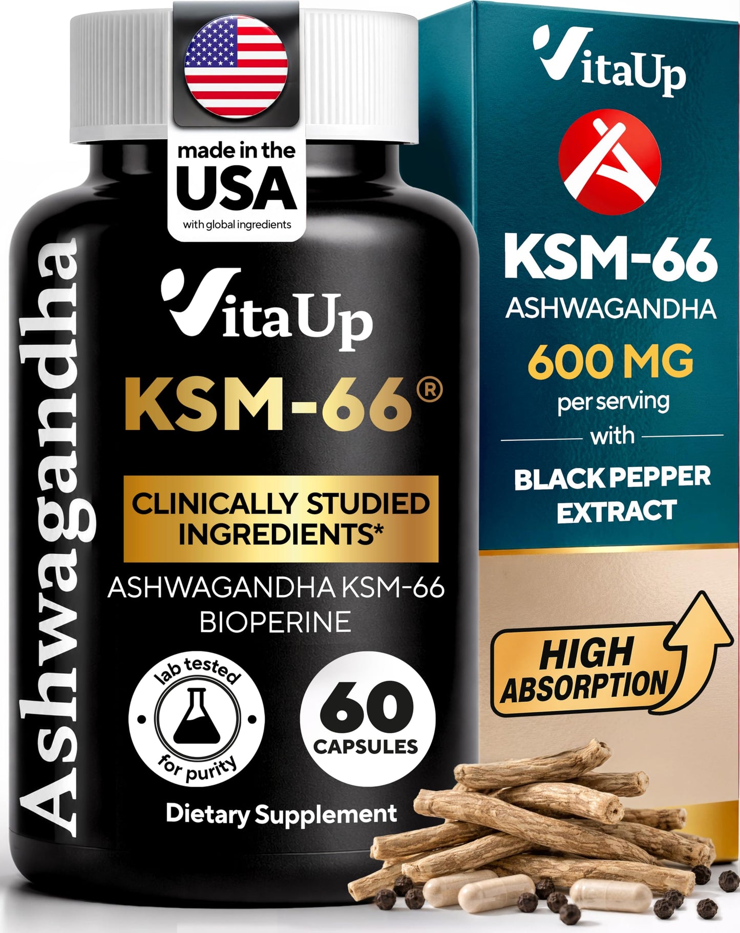VitaUp Ashwagandha KSM 66 with Black Pepper Capsules, 60 Count