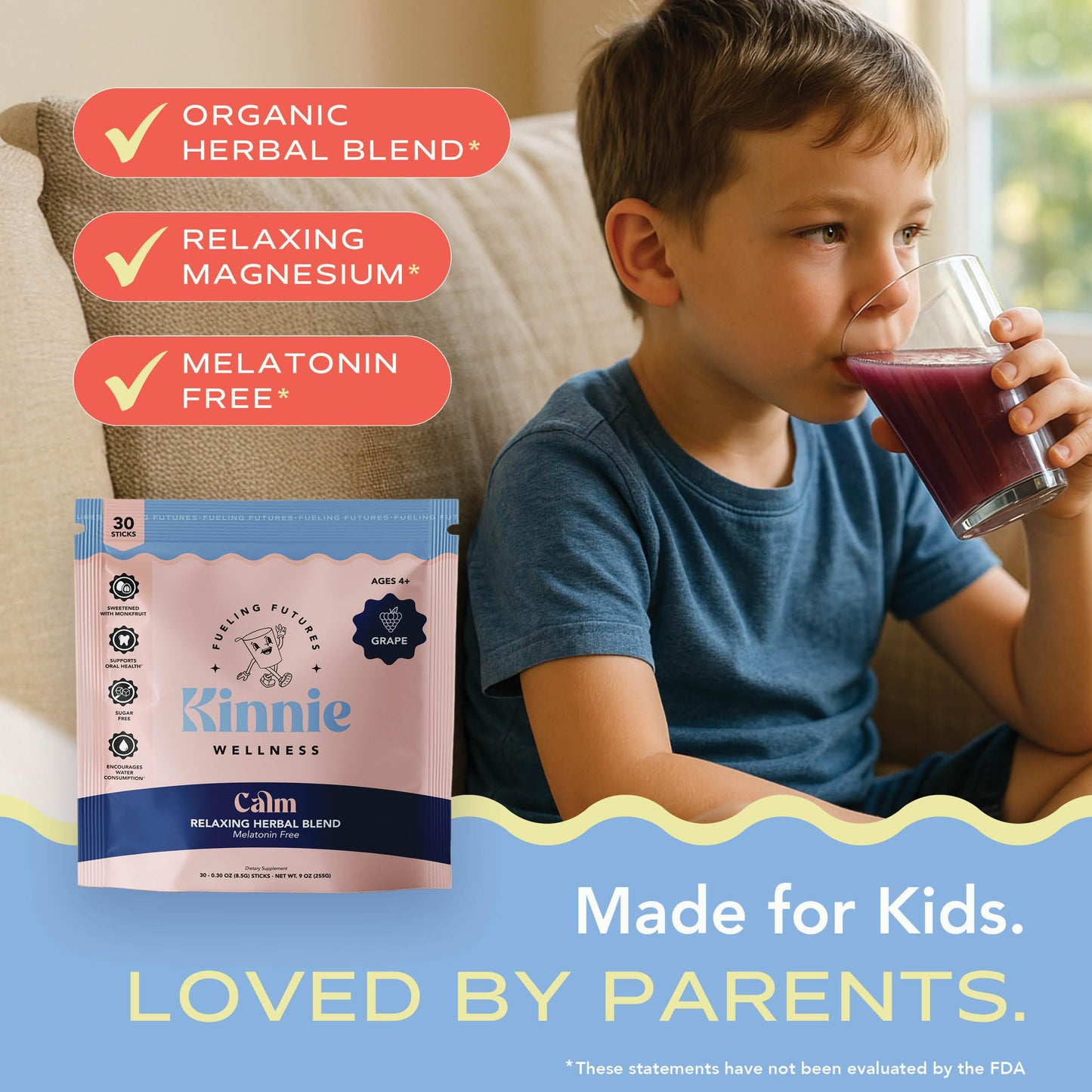 Kinnie Calming Sugar Free Vitamin Mix for Kids - Grape Flavor, Melatonin Free - Herbal/Magnesium Supplement for Bedtime, Focus & Travel Powder 30