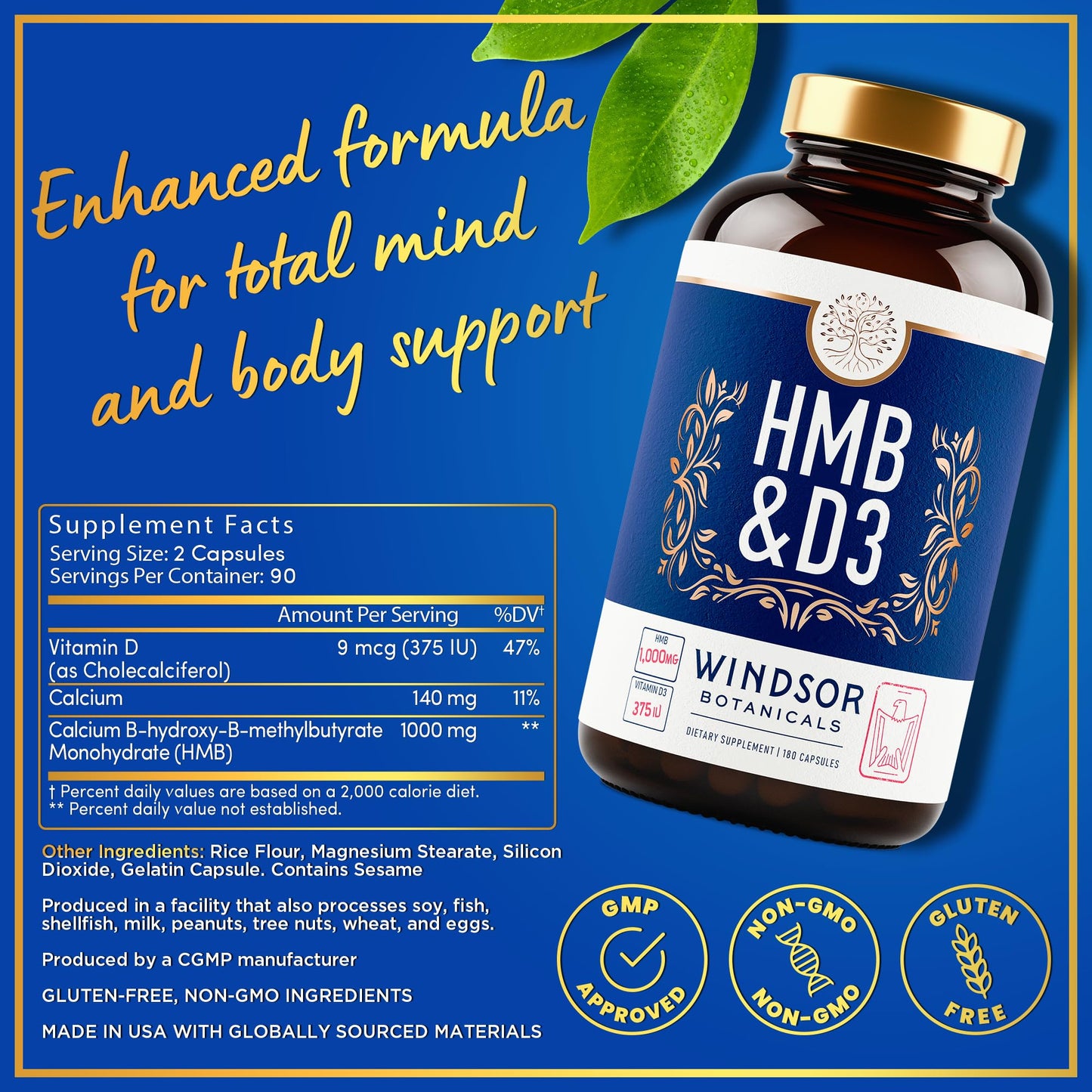 WINDSOR BOTANICALS HMB and Vitamin D3 Supplement 180 Capsules