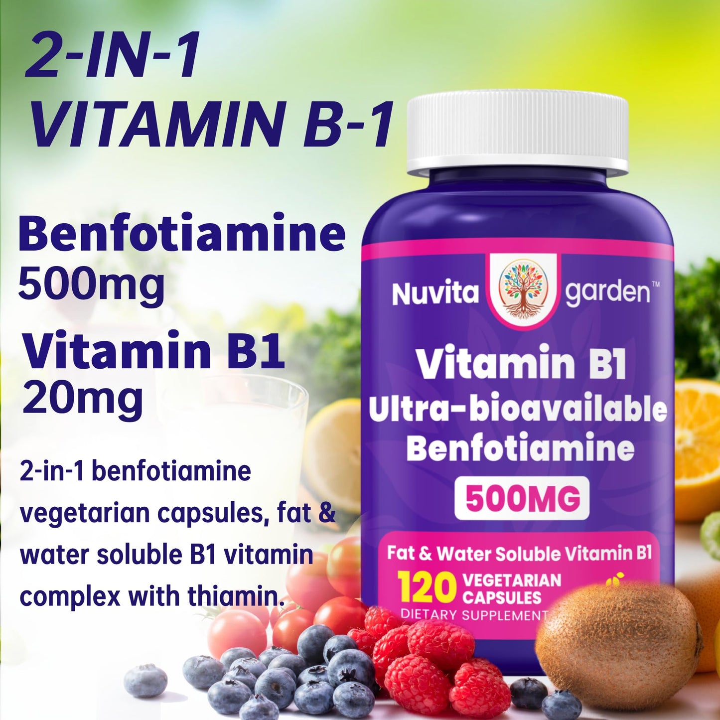 NuvitaGarden Benfotiamine 500mg + 20mg Vitamin B1 Veggie Capsules 120 Capsules