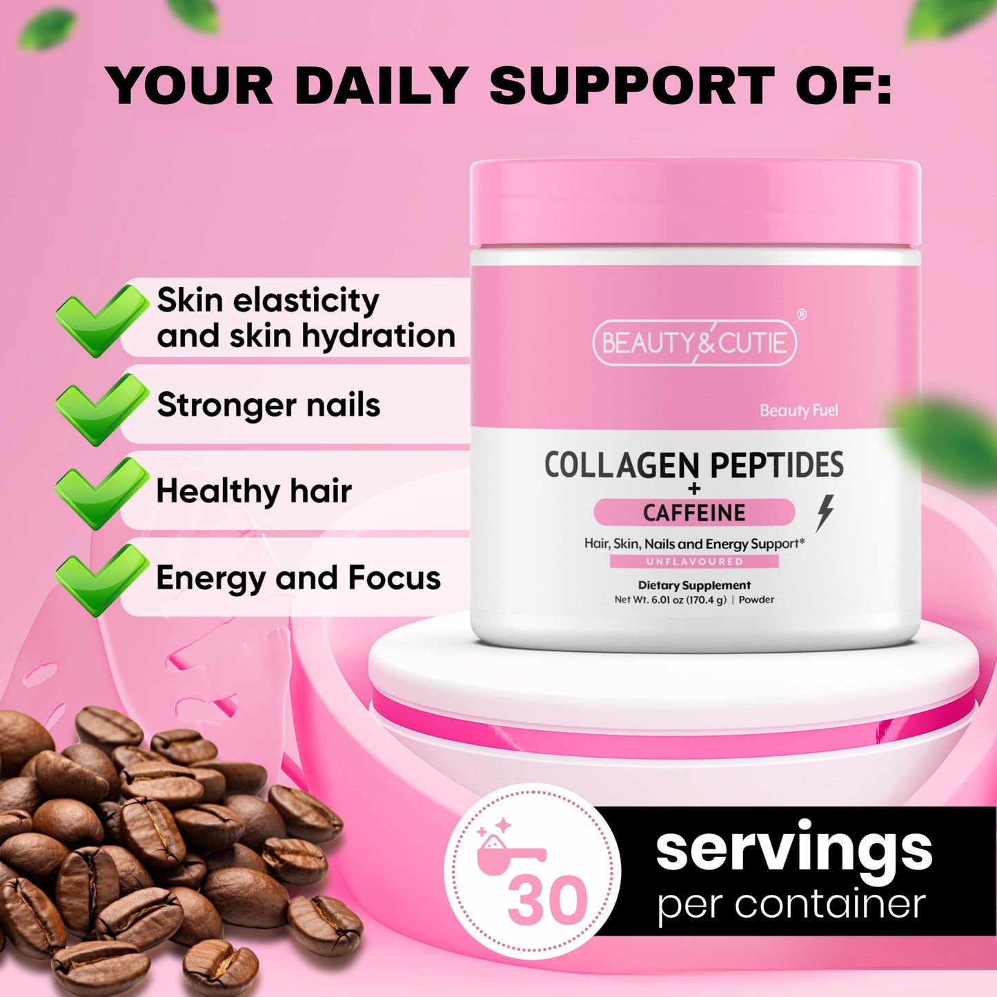 BEAUTY AND CUTIE Collagen Peptides with Caffeine 200 mg Powder 6.01 oz