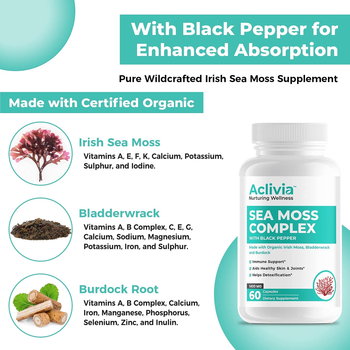 Aclivia Organic Irish Sea Moss Capsules with Bladderwrack & Burdock Root, 102 Minerals Sea Moss Supplement, Thyroid Support, Immune Boost, Non-GMO, 60 Capsules