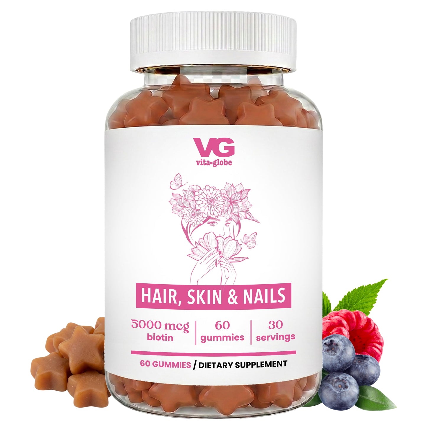 VITA GLOBE Hair, Skin & Nails + Collagen Gummies – 20mg with Vitamins A, C, D, E, B6 & Biotin, Beauty & Wellness Supplement for Healthy Hair Growth, Radiant Skin & Strong Nails, 60 Gummies