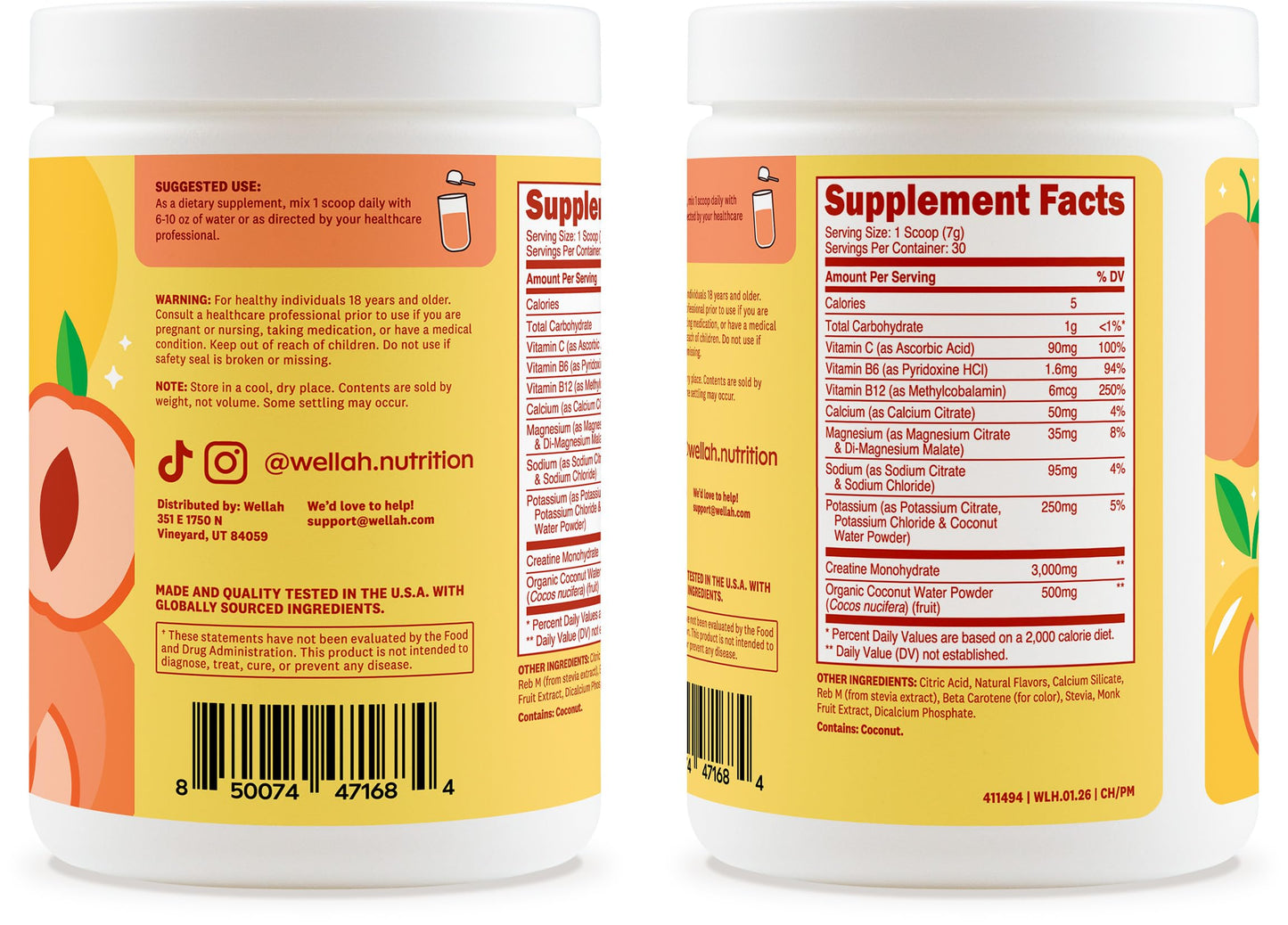 Wellah Creatine + Electrolytes Powder (Peach Mango) 7.4 Ounce