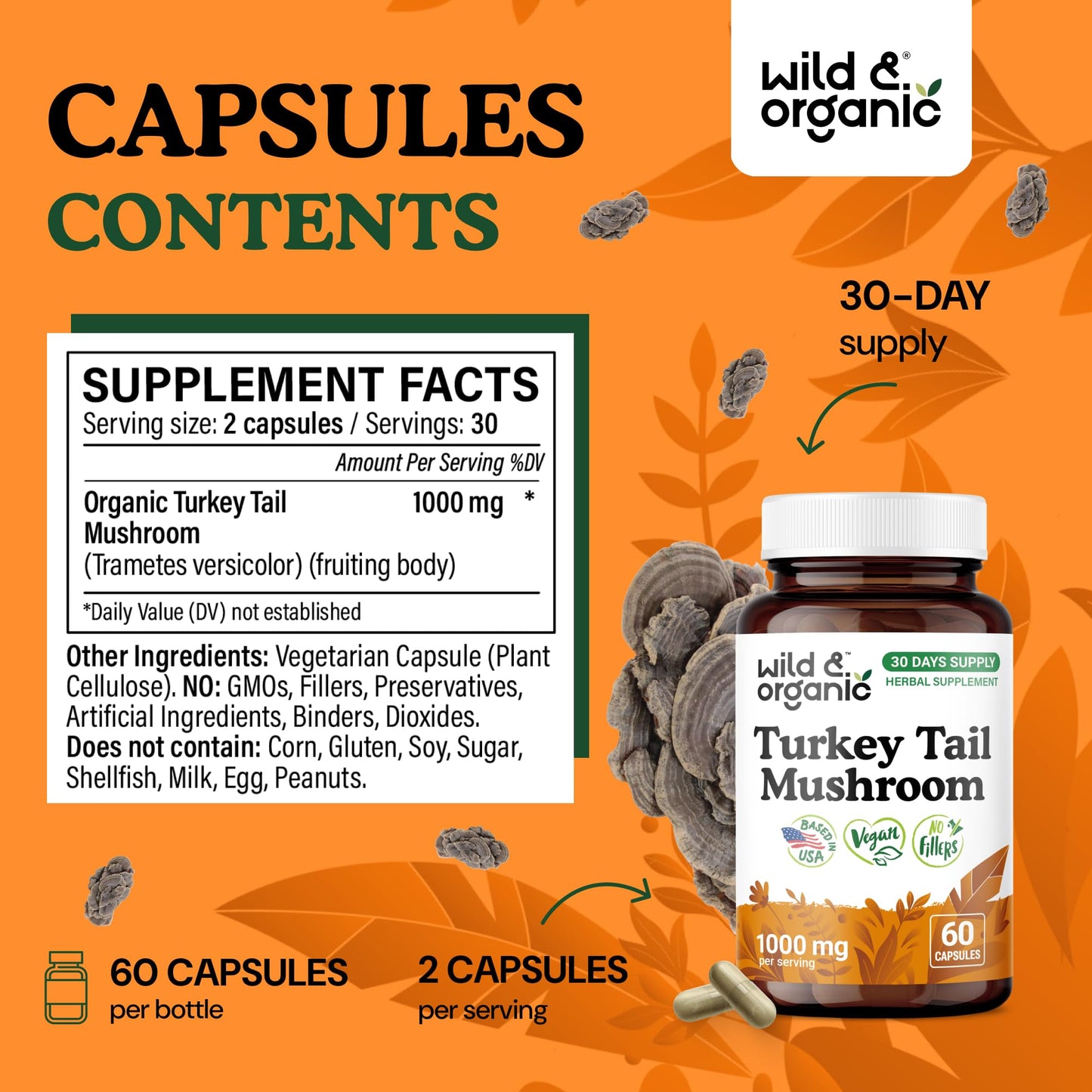 Wild & Organic Turkey Tail Mushroom Capsules 1000 mg Immune Support, 60 Capsules
