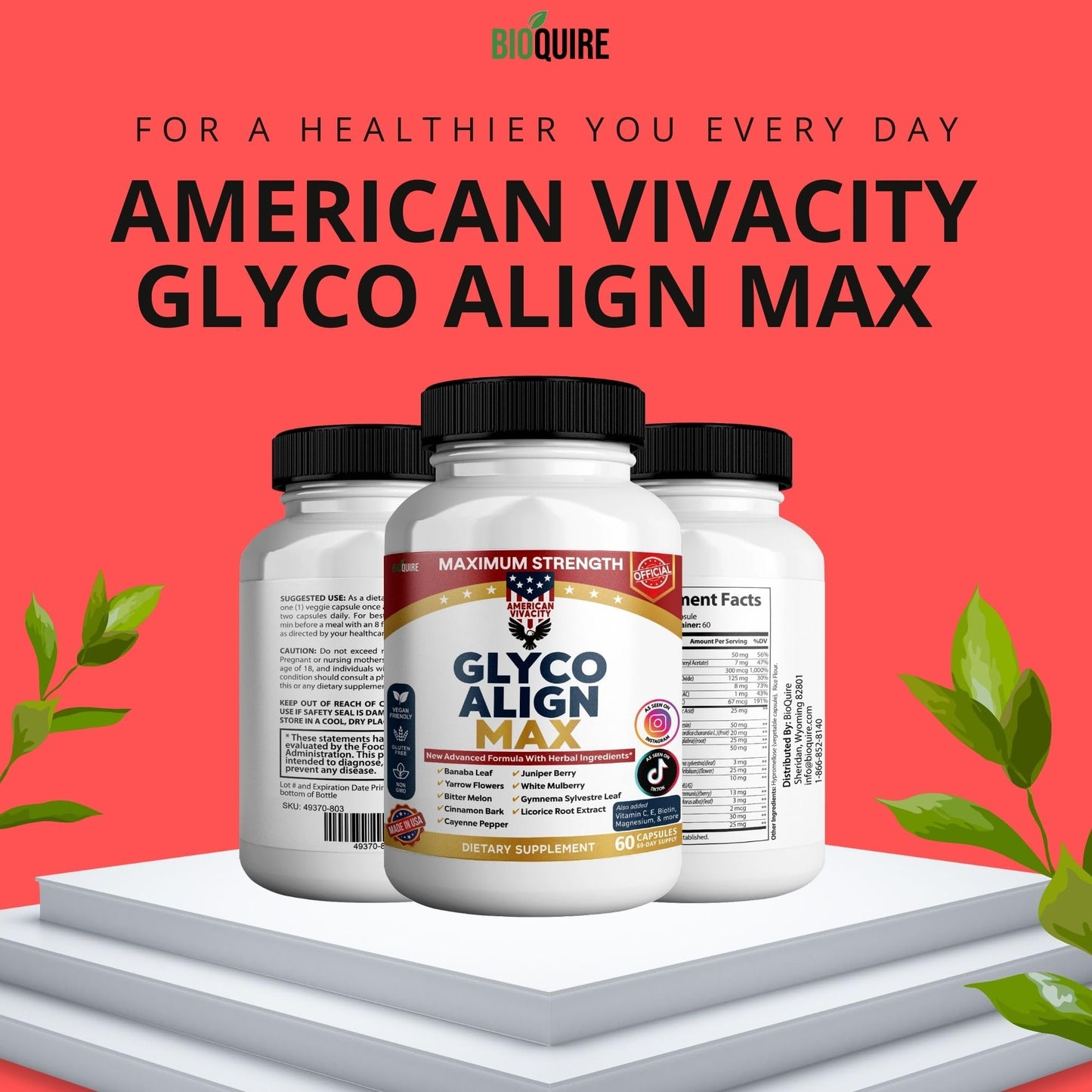 BIOQUIRE Glyco Align Max Maximum Strength Blood Sugar Support Supplement, Capsule, 60 Count