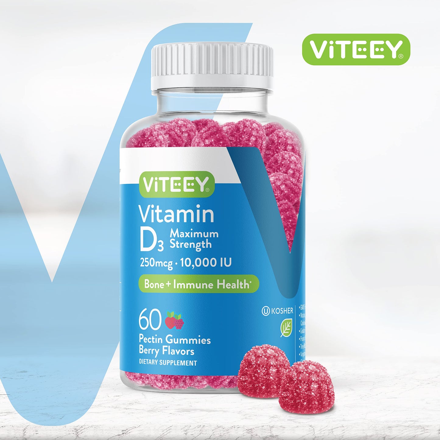 Viteey Vitamin D3 Gummies for Adults & Teens Pectin Gummy, 60 Count