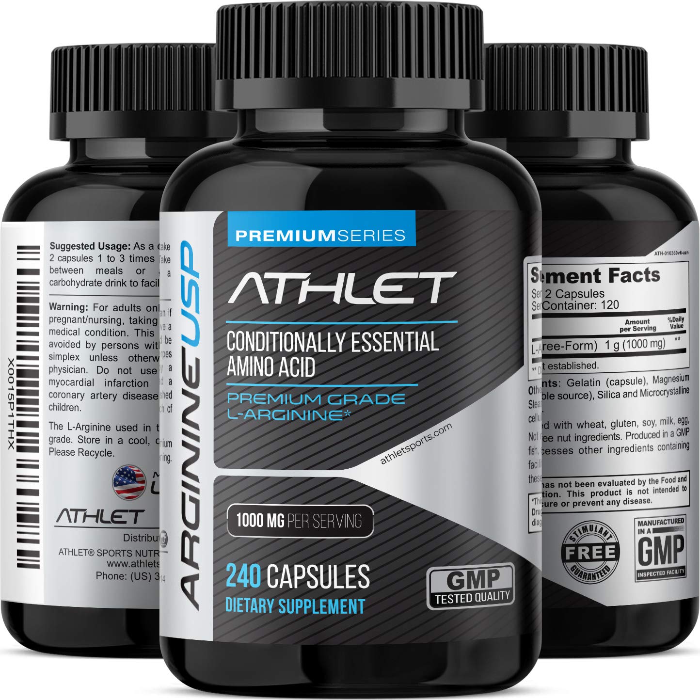 Athlet L-Arginine 1000 mg Capsules 240 Count