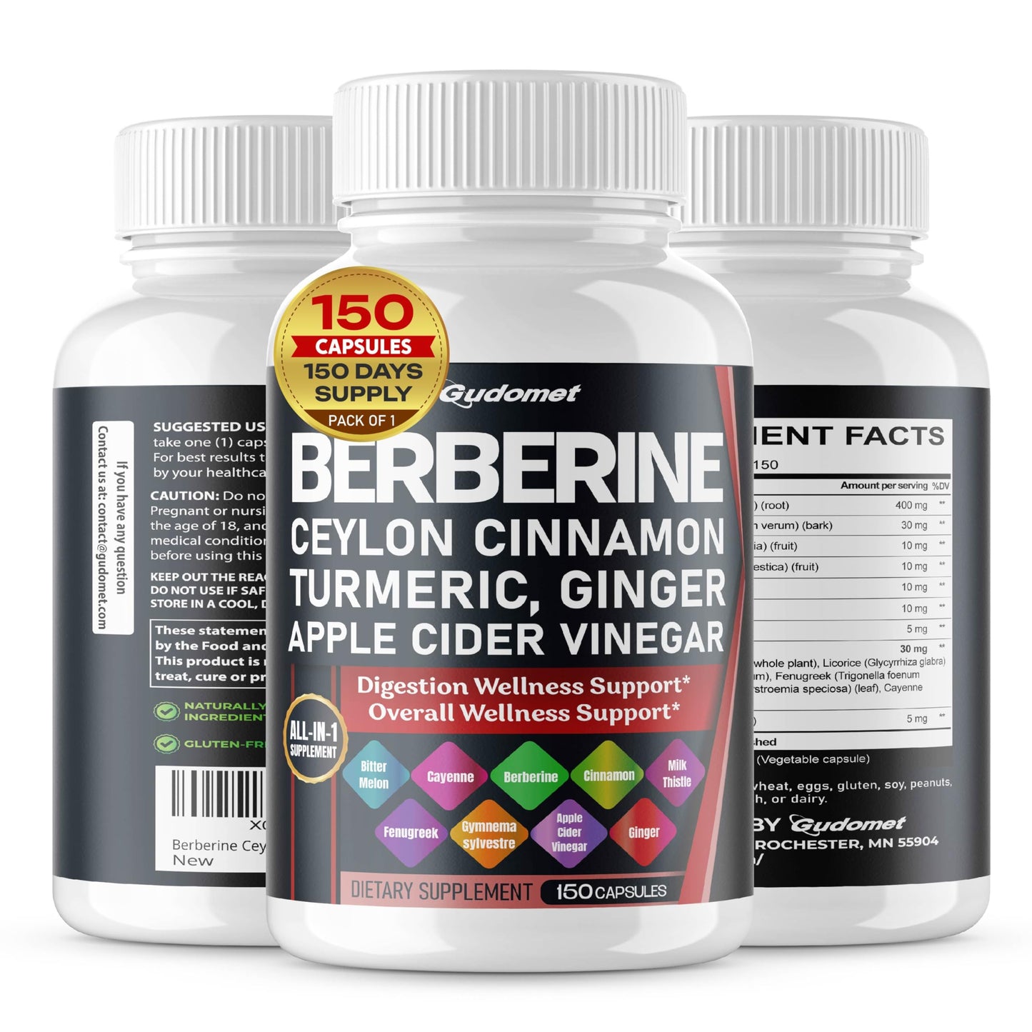 GUDOMET Berberine Ceylon Cinnamon All-in-1 Supplement with Bitter Melon AVG Gymnema sylvestre Turmeric Milk Thistle Licorice Holy Basil Fenugreek Banaba Capsules 150