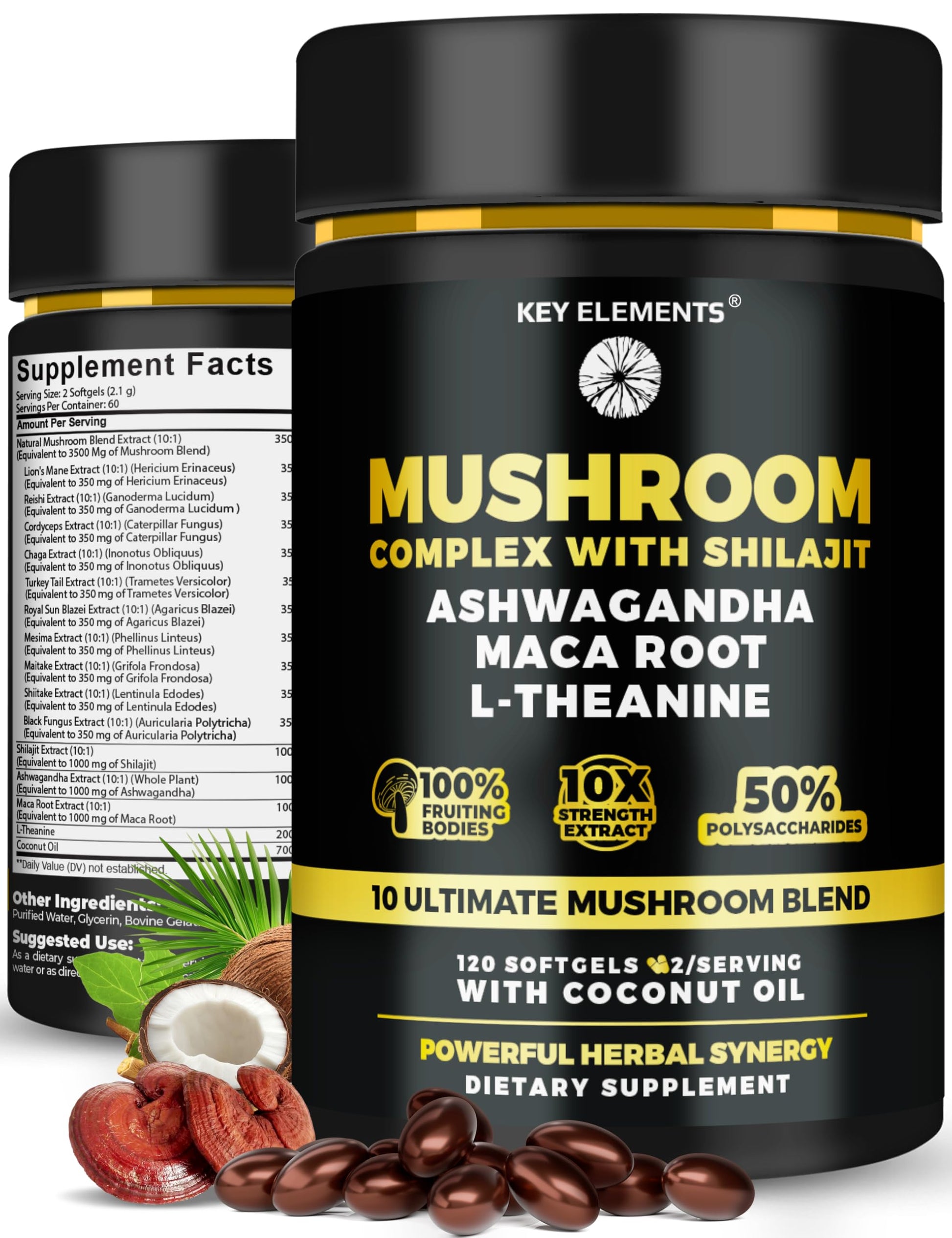 KEY ELEMENTS Organic Mushroom Complex with Shilajit & Coconut Oil - Lions Mane Mushroom Supplement with Ashwagandha and L-Theanine - Mushroom Nootropic for Memory, Focus & Immune Softgels 120 Count