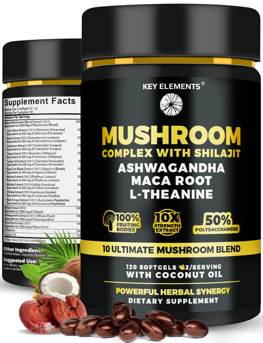 KEY ELEMENTS Organic Mushroom Complex with Shilajit & Coconut Oil - Lions Mane Mushroom Supplement with Ashwagandha and L-Theanine - Mushroom Nootropic for Memory, Focus & Immune Softgels 120 Count
