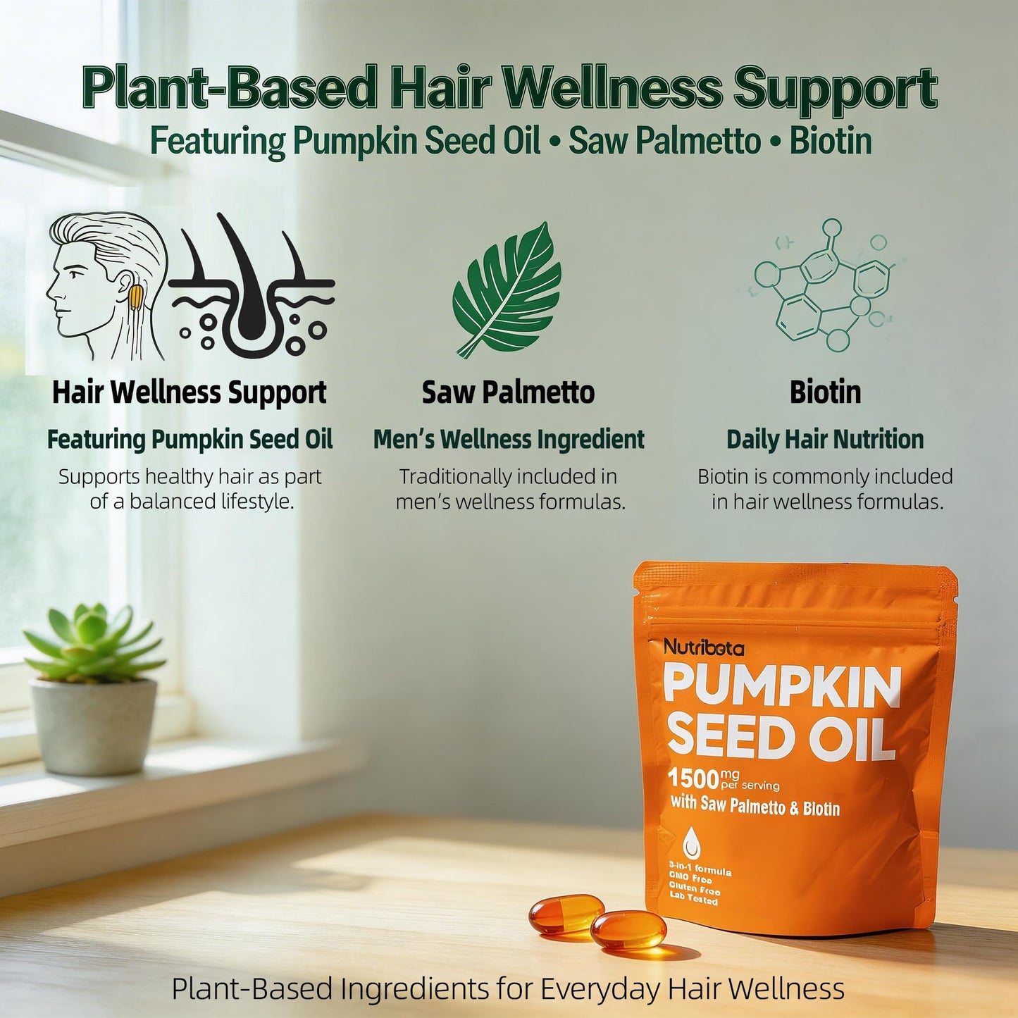 Nutribota Pumpkin Seed Oil Supplement 1500 mg per Serving with Saw Palmetto & Biotin, Advanced 3-in-1 Plant-Based Men's Wellness & Hair Nutrition Formula, Gummy 180 Count