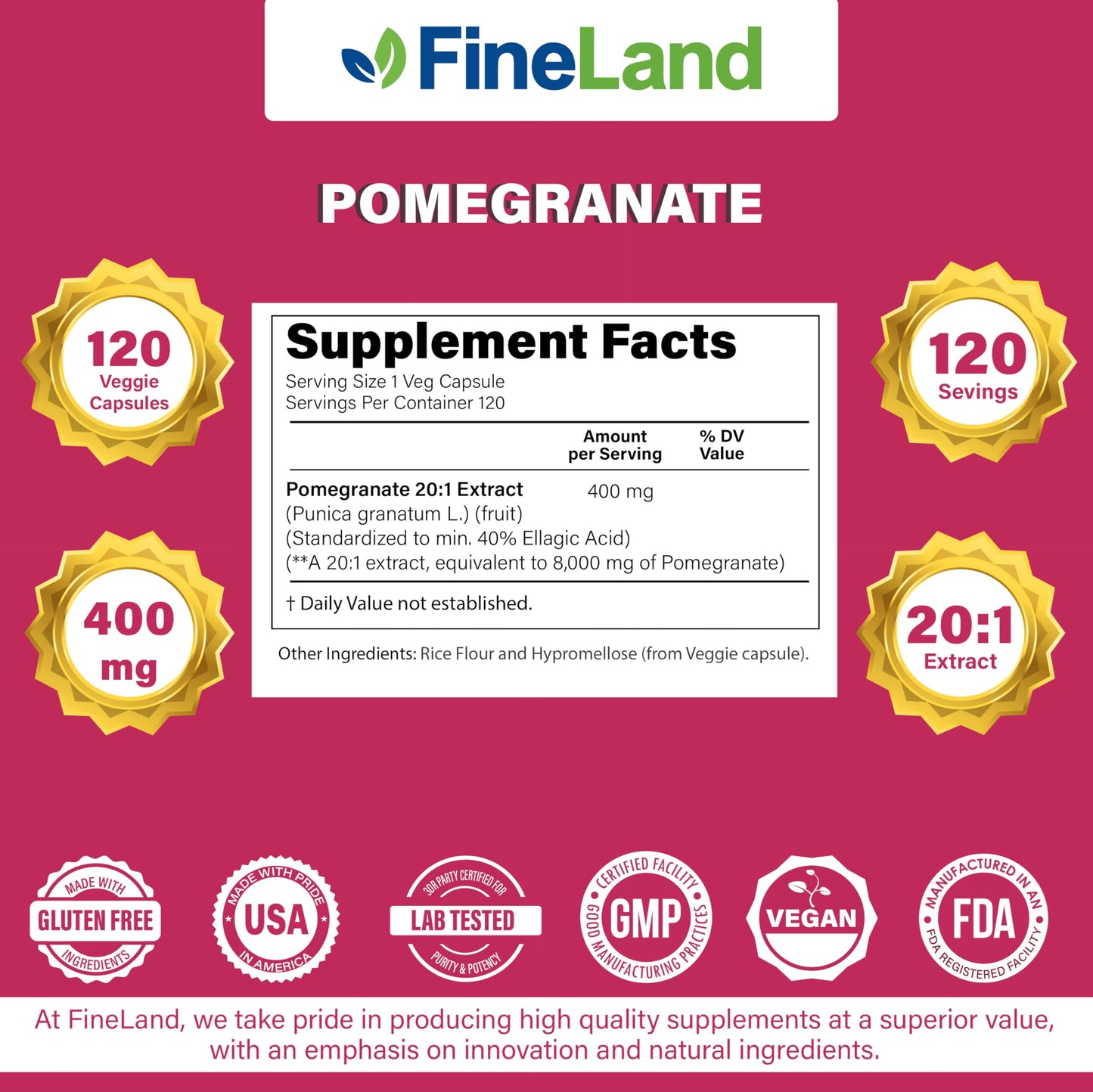 FineLand Pomegranate Extract 20:1, 40% Ellagic Acid Standardized Antioxidant Supplement Capsules, 120 Count