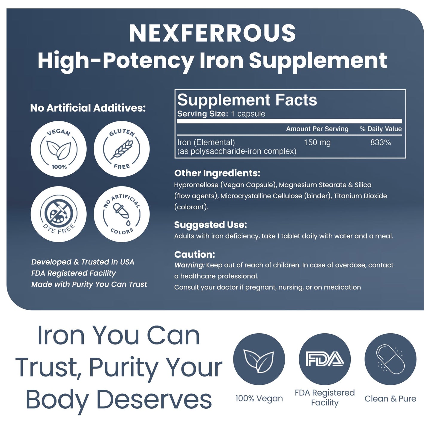 NexFerrous Polysaccharide Iron Complex 150mg for Anemia Support Capsules, 100 Count