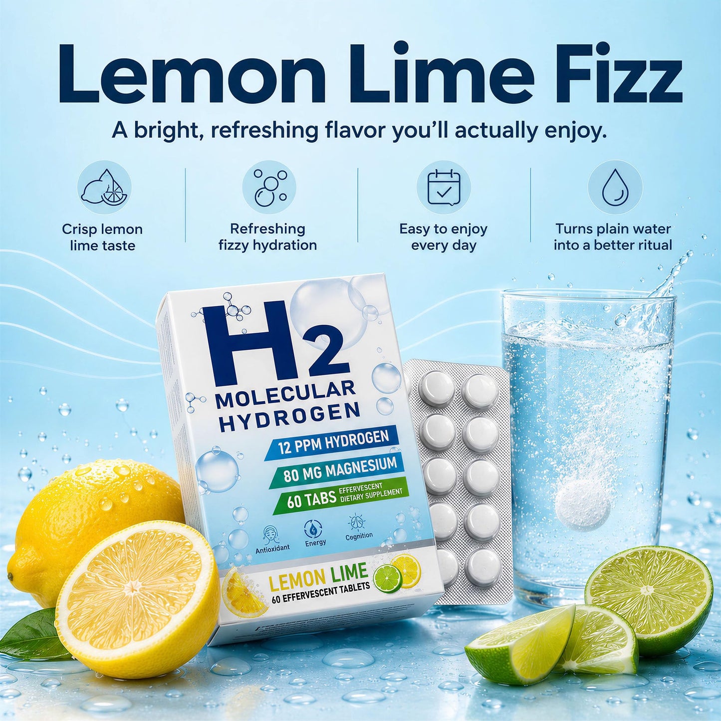 Crobirware Molecular Hydrogen Water Tablets 12 PPM H2 Supplement with Magnesium, Lemon Lime Flavour, Fast-Dissolving for Water, Hydration, Energy & Recovery Support, 60 Tablets