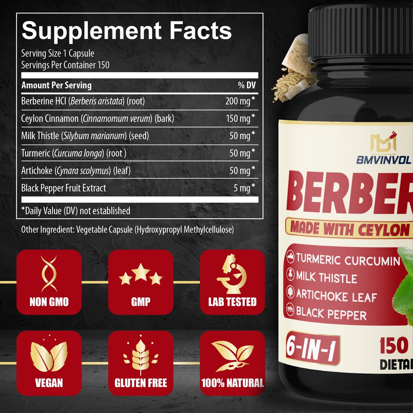 BMVINVOL Berberine HCl Plus Cinnamon Turmeric Milk Thistle Artichoke Black Pepper Capsule 300