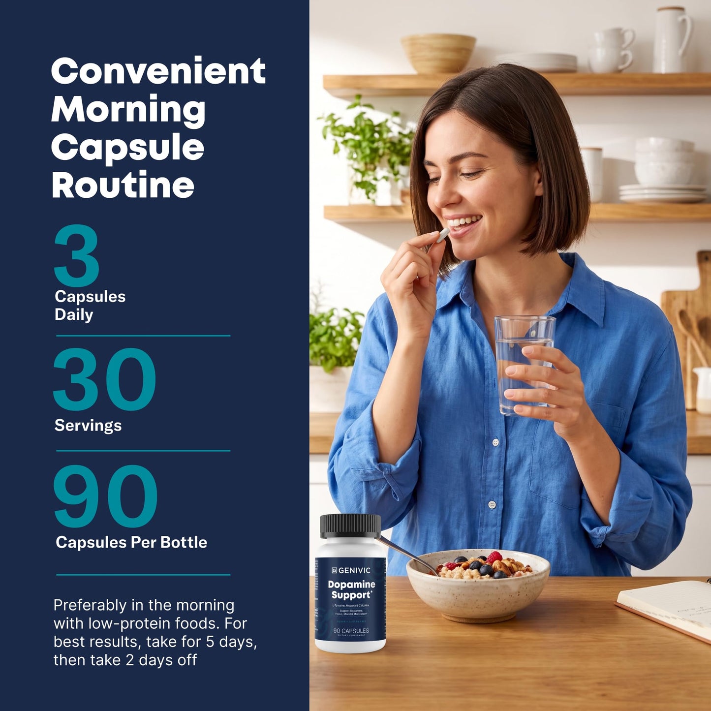 Genivic Dopamine Support Supplements for Men Women - Natural Brain Food Supplement for Adults with L-Tyrosine Mucuna Vitamin B6 - Focus Mood Balance Cognitive Wellness Support Pills Capsule 90 Count