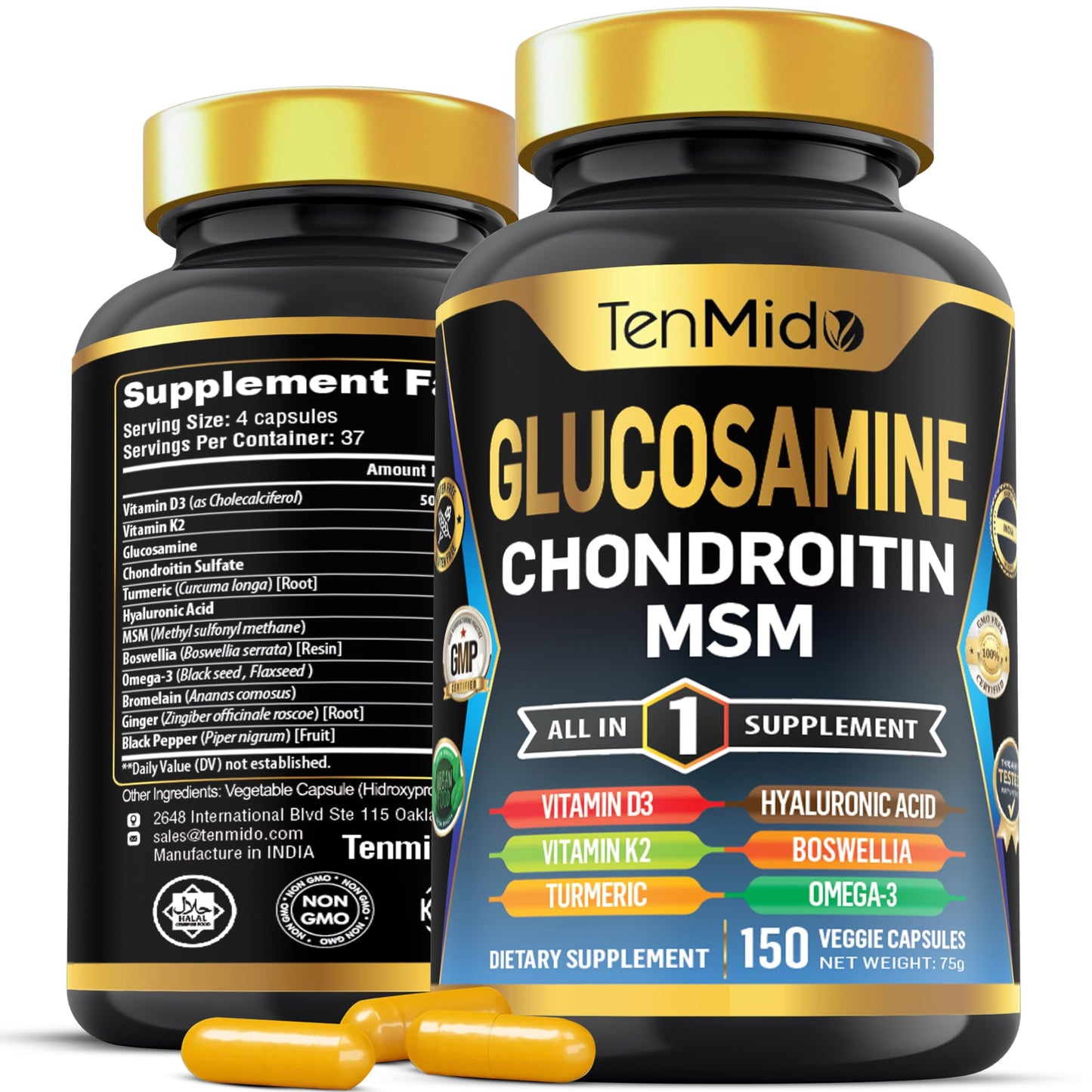 Tenmido Glucosamine Chondroitin MSM Supplement Capsules, 150 Count